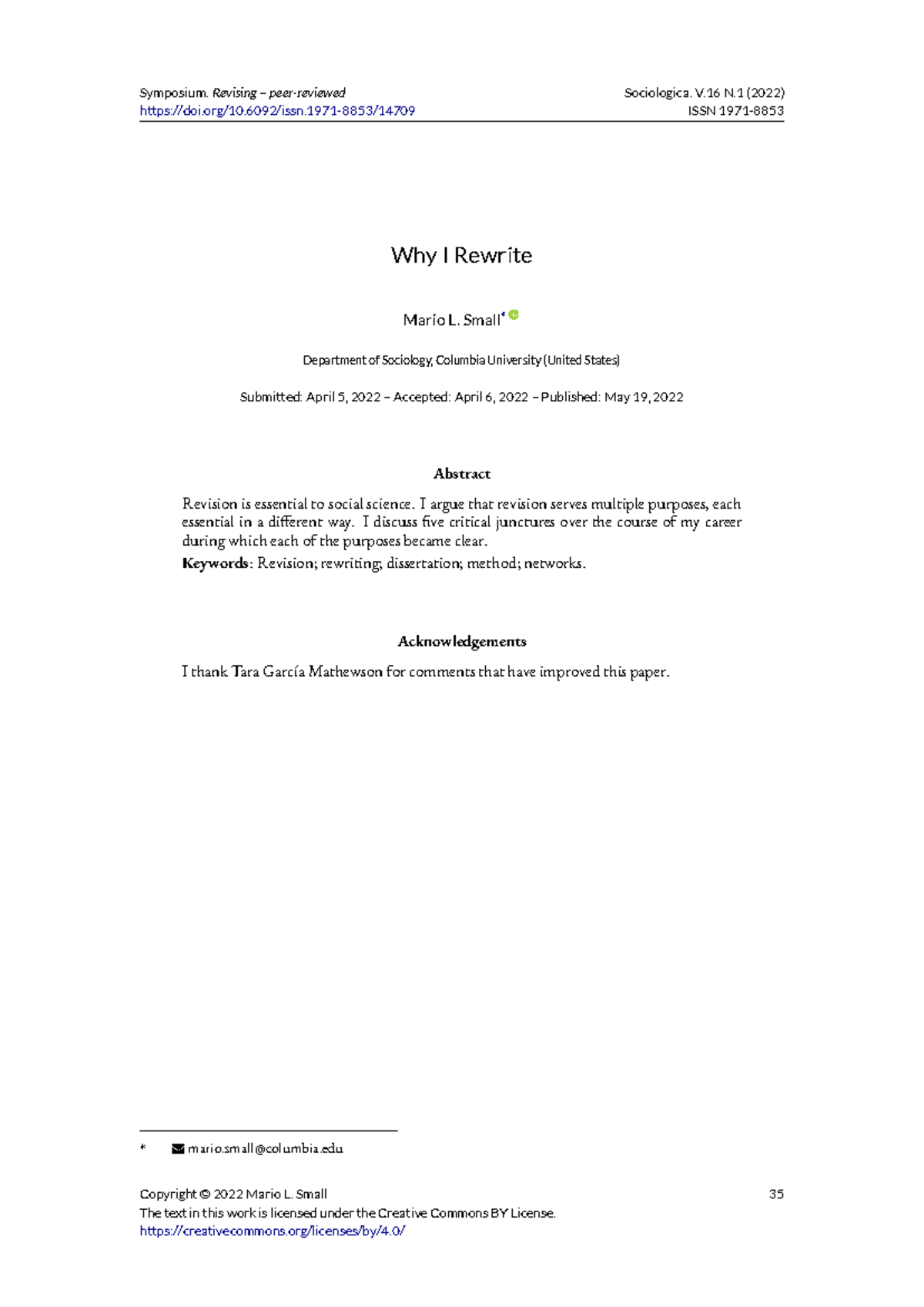 Why I Rewrite: Insights from Sociologica V.16 N.1 (2022) - Studocu