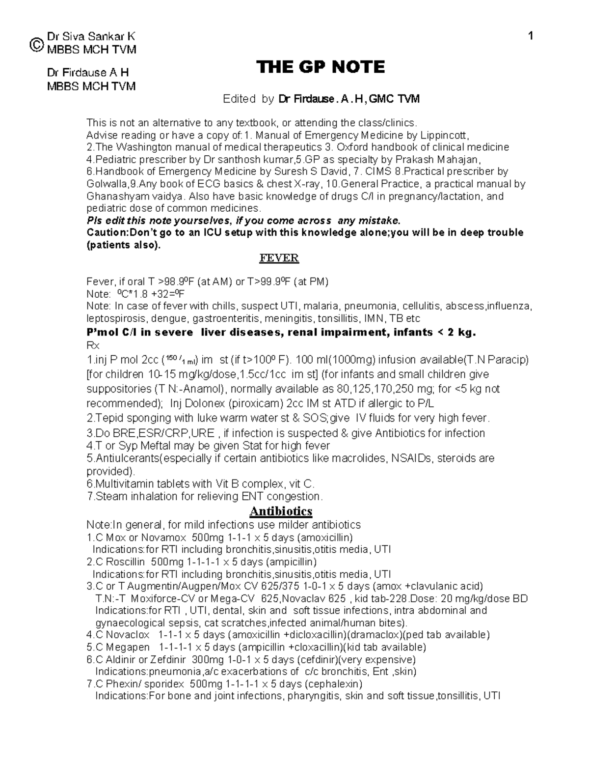 GP Note: Emergency Medicine Guidelines and Common Treatments (MBBS MCH ...