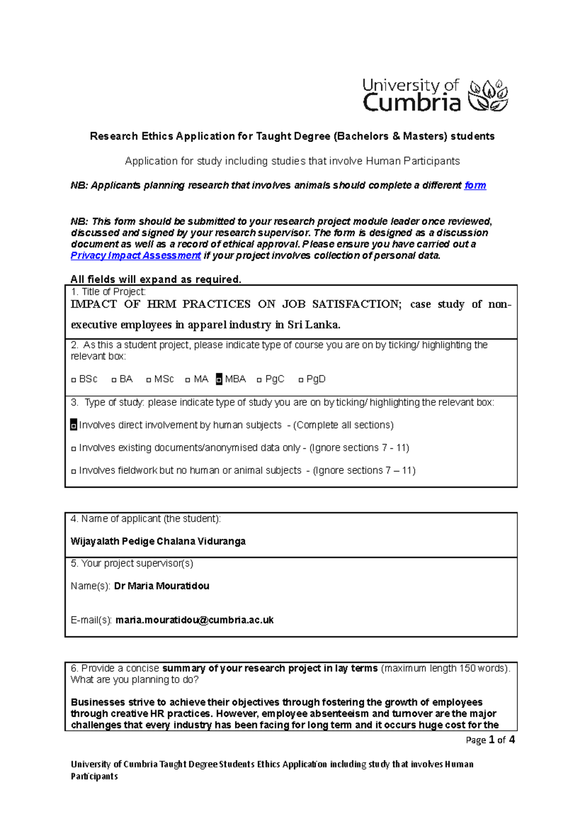 Research Ethics Application for Taught Degrees: Human Participants ...