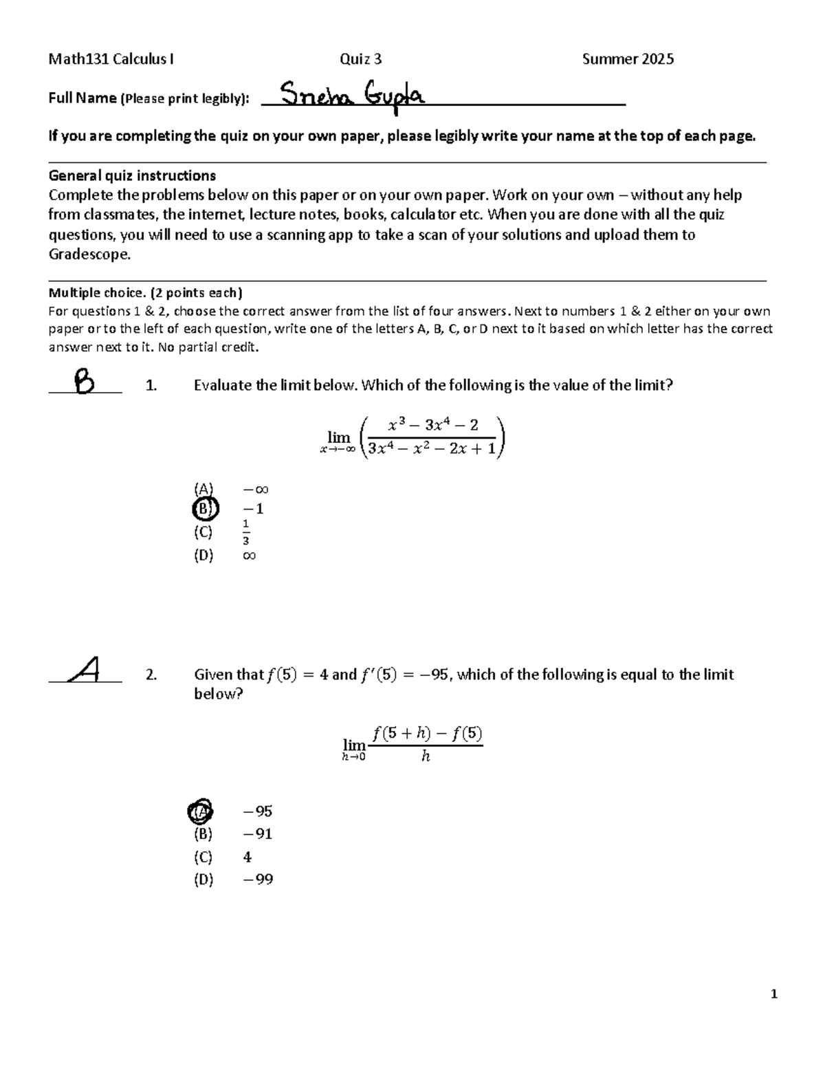 Math131 Calculus I Quiz 3 Instructions & Problems Summer 2025 - Studocu