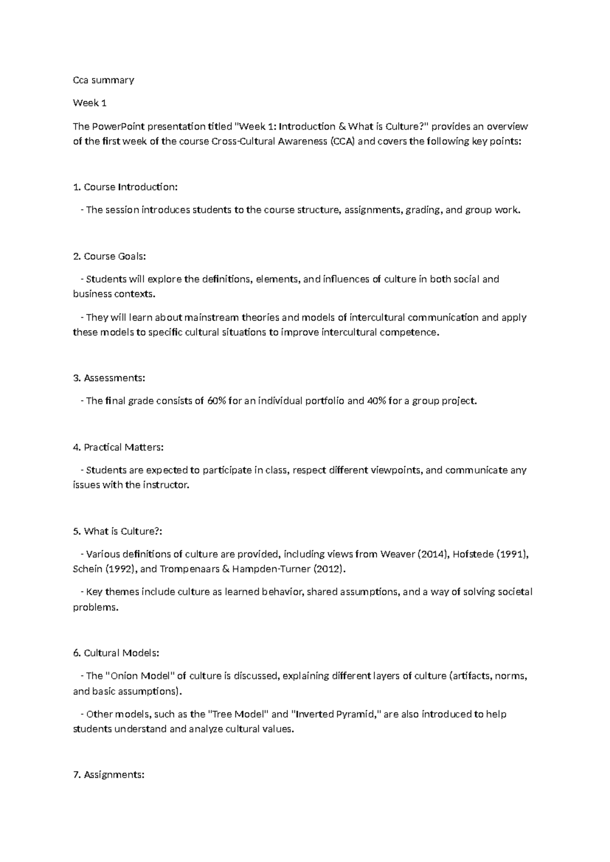 CCA Course Summary - Key Insights from Weeks 1 to 6 - Studeersnel