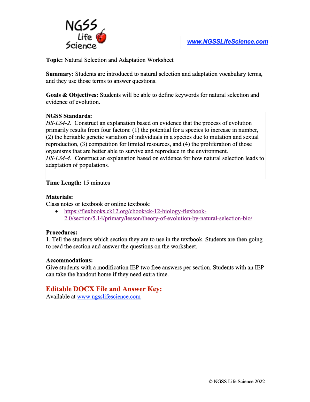 NGSS Life Science: Natural Selection & Adaptation Worksheet - Studocu
