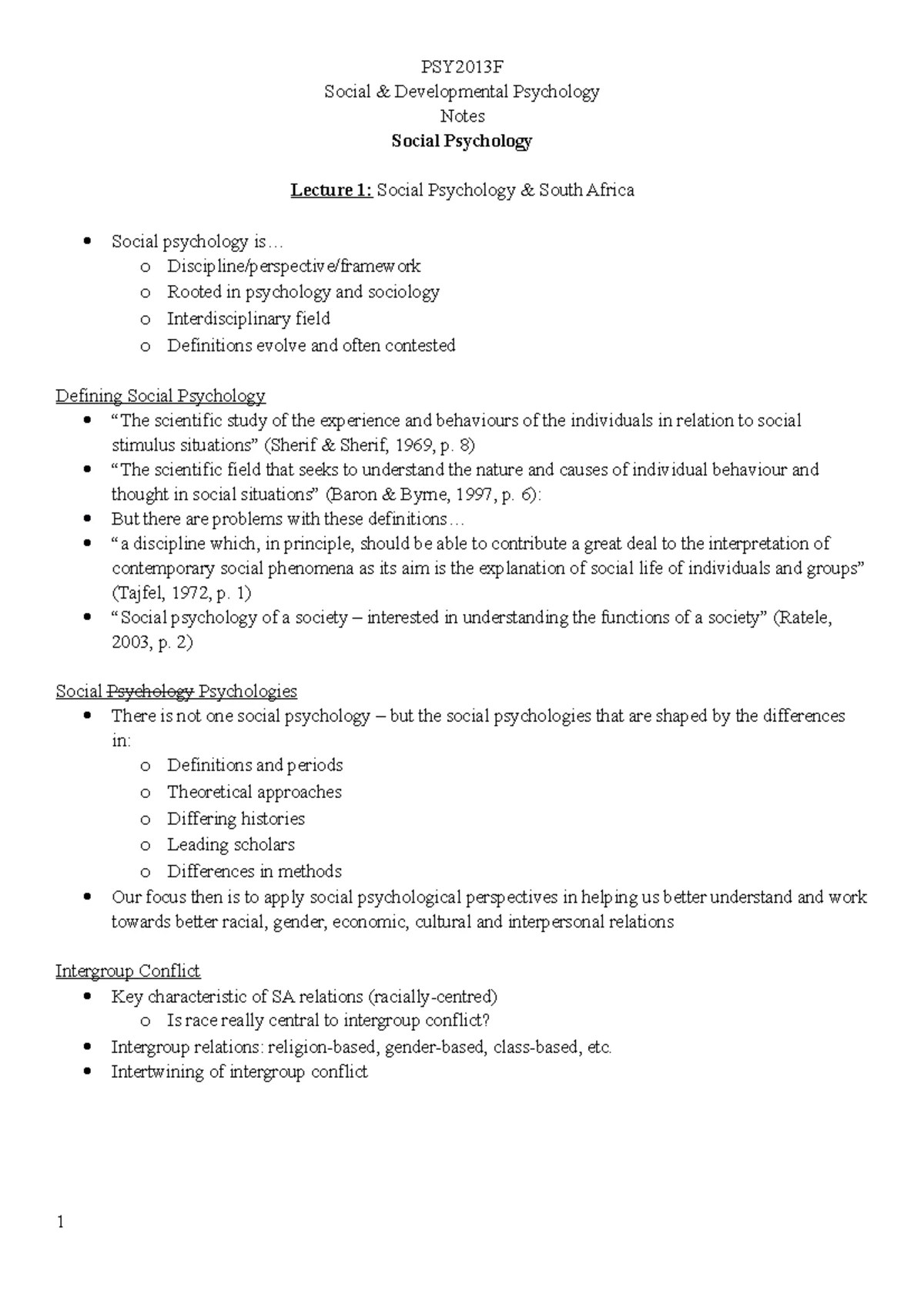 PSY2013 F Lecture Notes: Social Psychology Concepts and Theories - Studocu