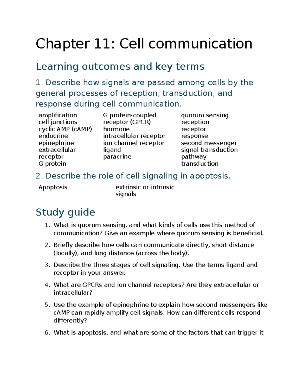 Cell Communication &amp; Apoptosis: Study Guide for Chapter 11 - Studocu
