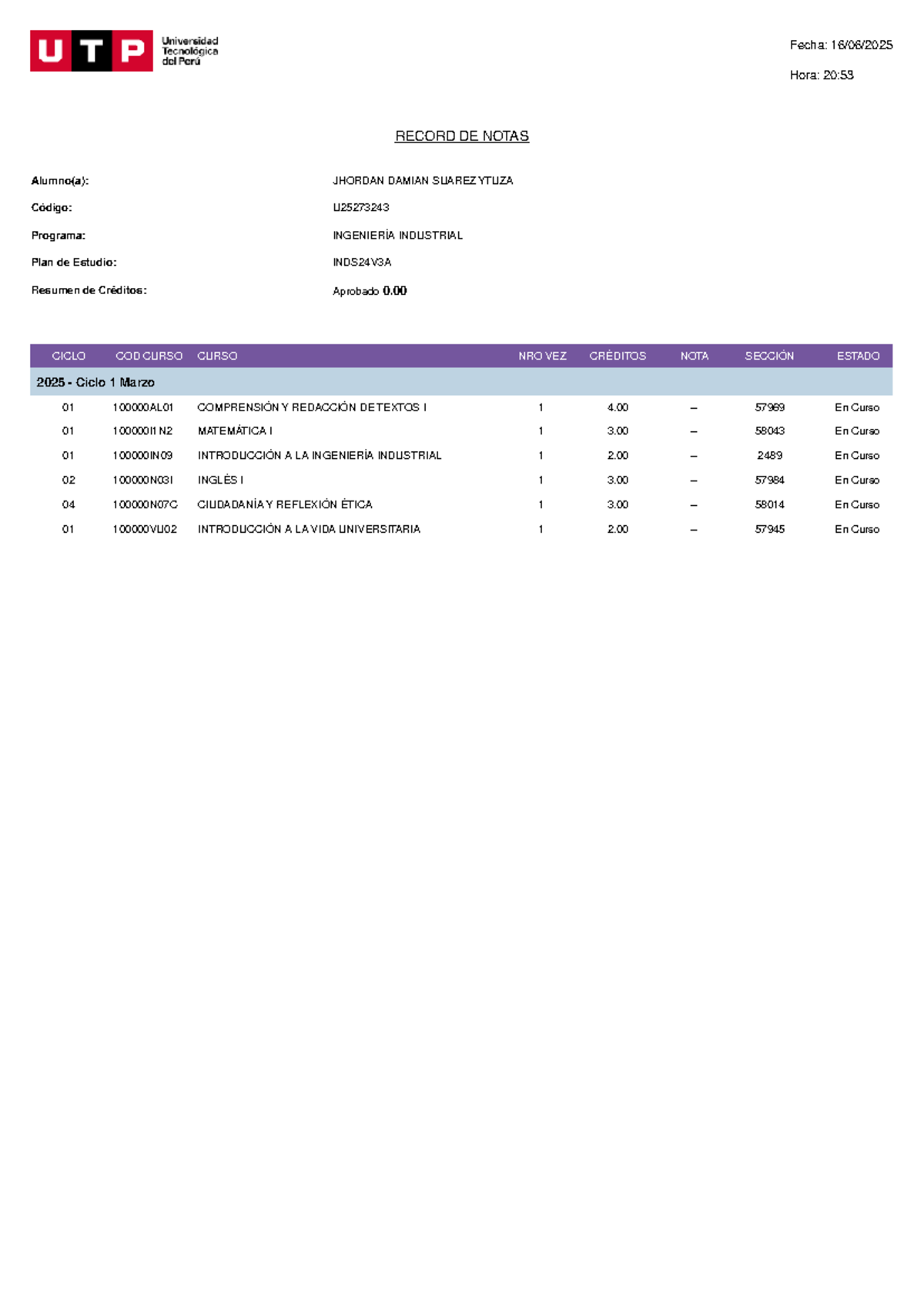 Record de notas - sdfadv - Fecha: 16/06/ Hora: 20: RECORD DE NOTAS ...