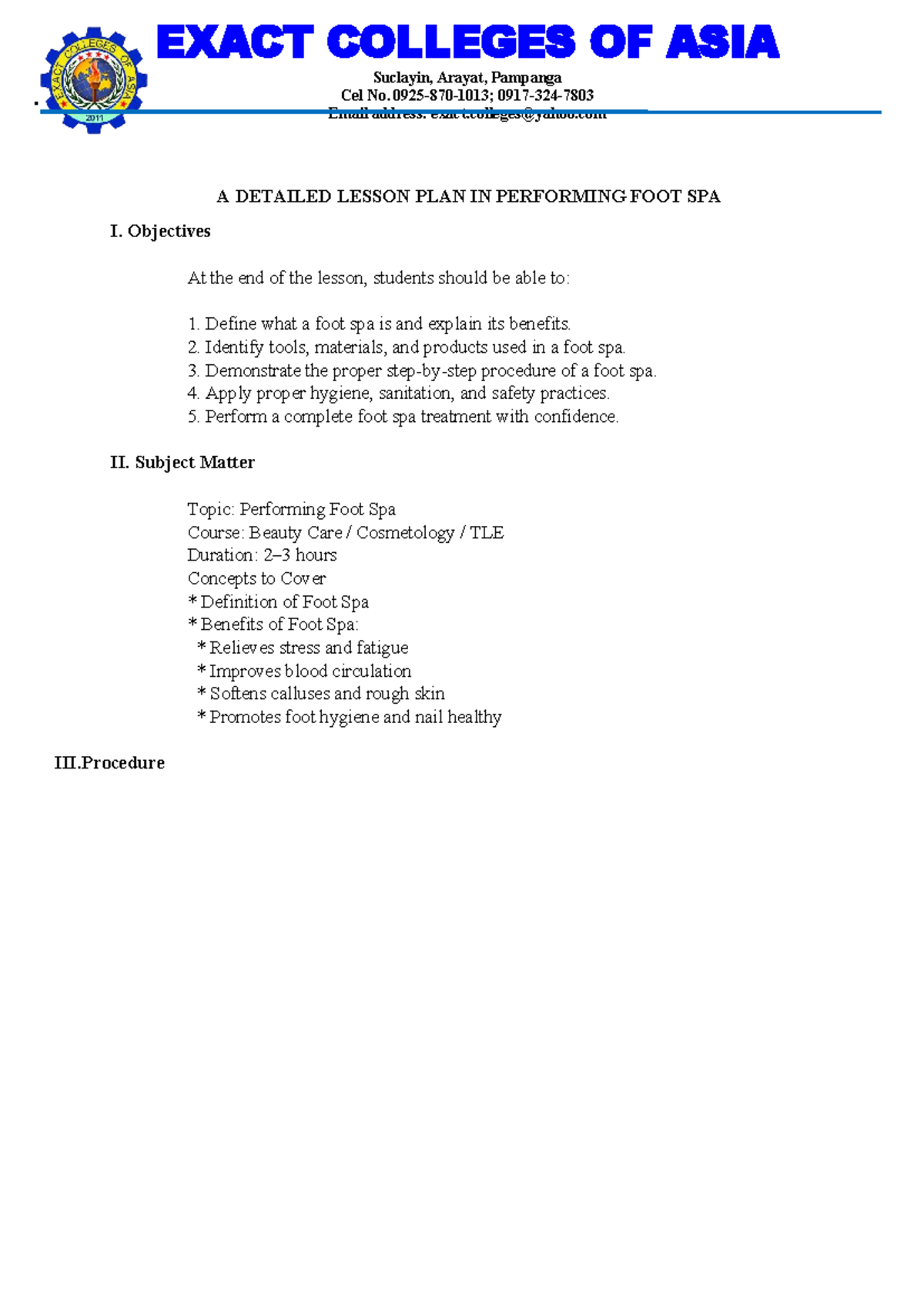 Detailed Lesson Plan: Performing Foot Spa (Beauty Care Cosmetology TLE ...