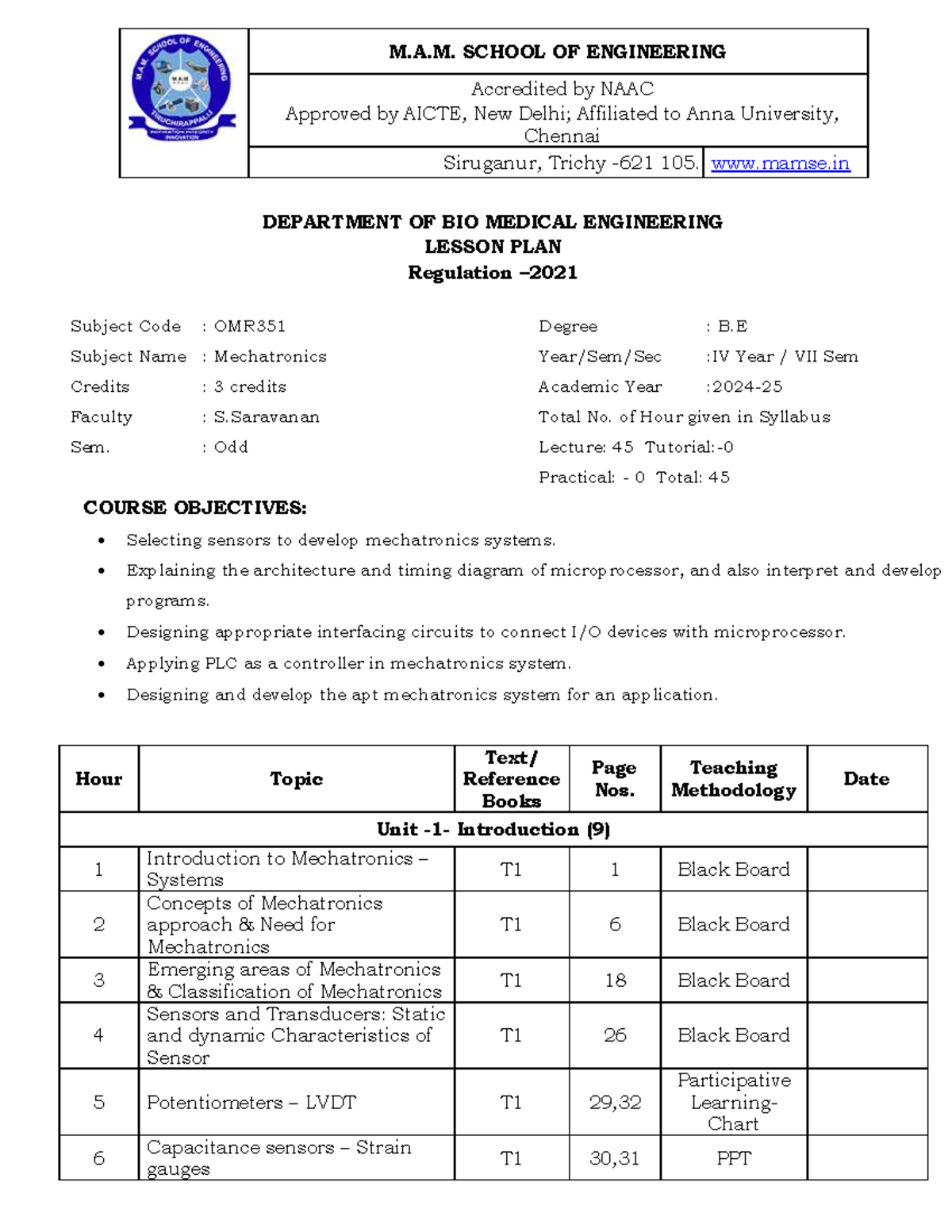 OMR351 Lesson Plan for Mechatronics - B.E IV Year VII Sem - Studocu