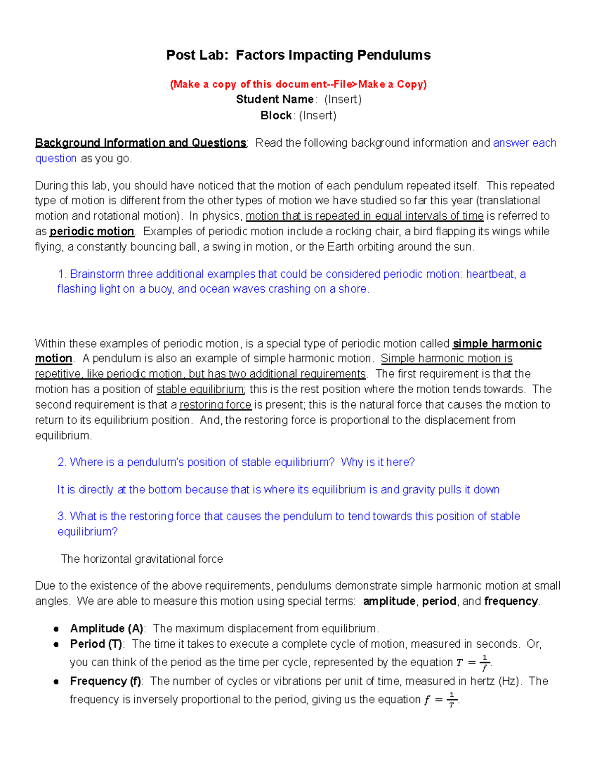 3B.1 Post Lab: Factors Impacting Pendulums Analysis - Studocu