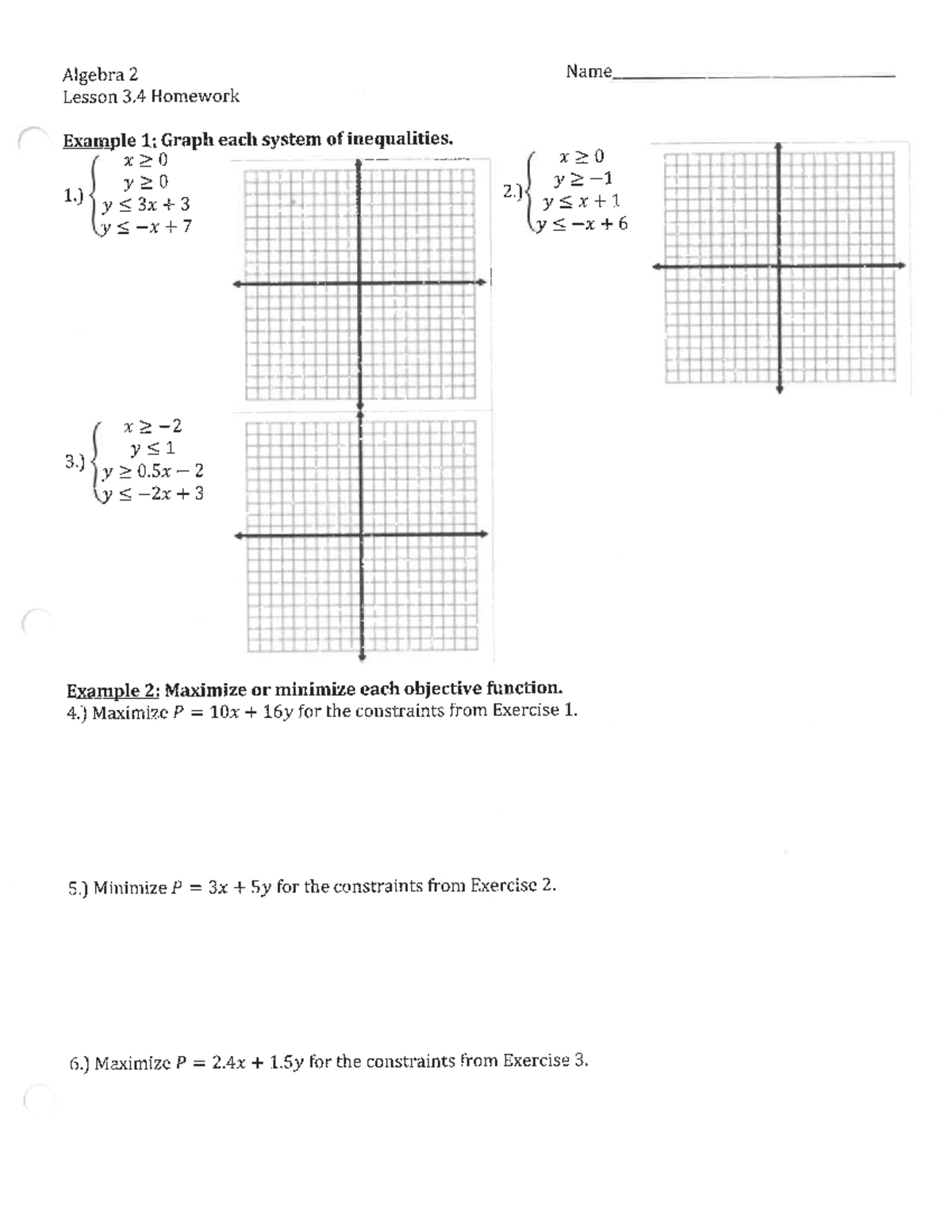 Algebra 2 Lesson 3.4 Linear Programming Homework - Studocu