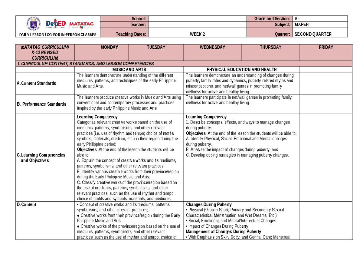 MAPEH 5 Q2 W2 - Daily Lesson Log: Music, Arts & Puberty Management ...