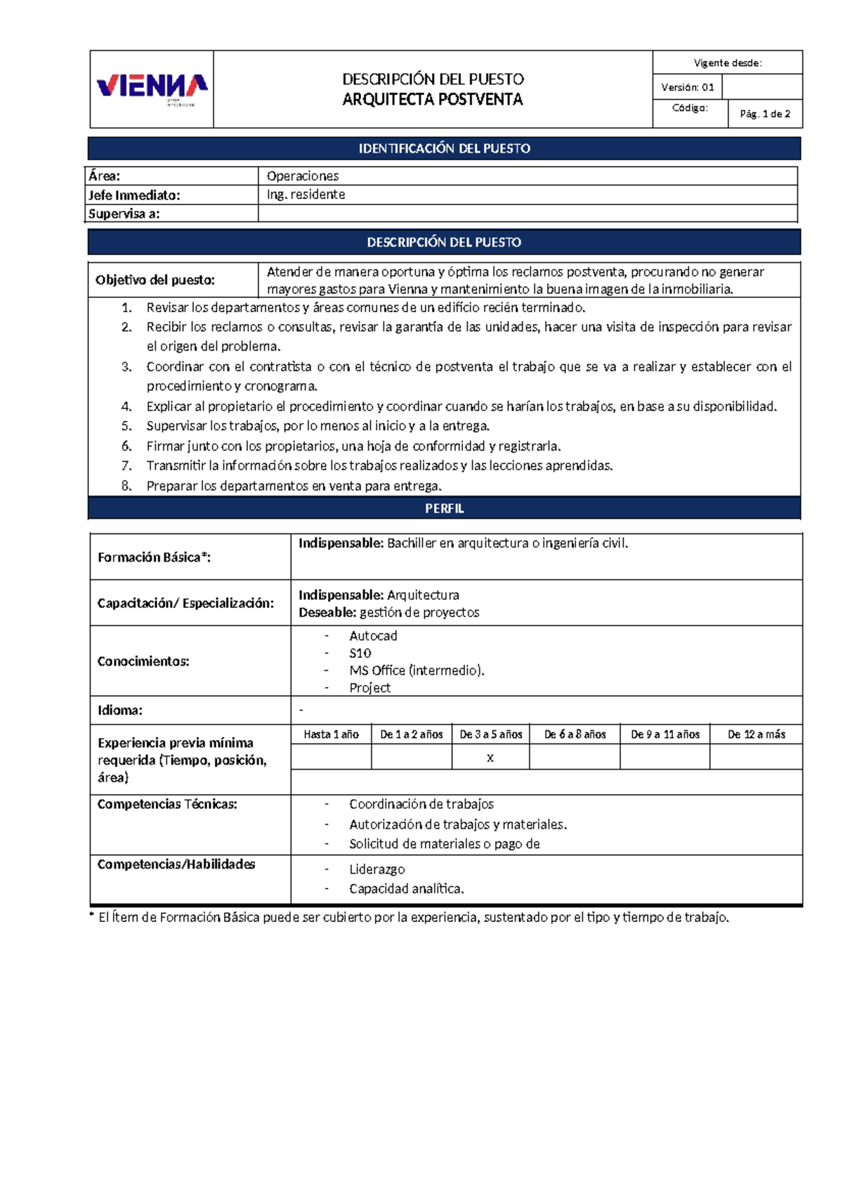 Arquitecta Postventa - Descripción del Puesto y Requisitos - Studocu