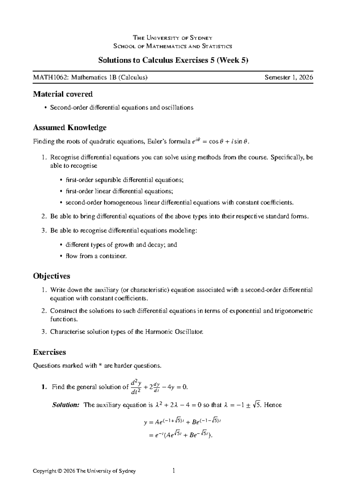 MATH1062: Solutions to Week 5 Calculus Exercises (Differential ...