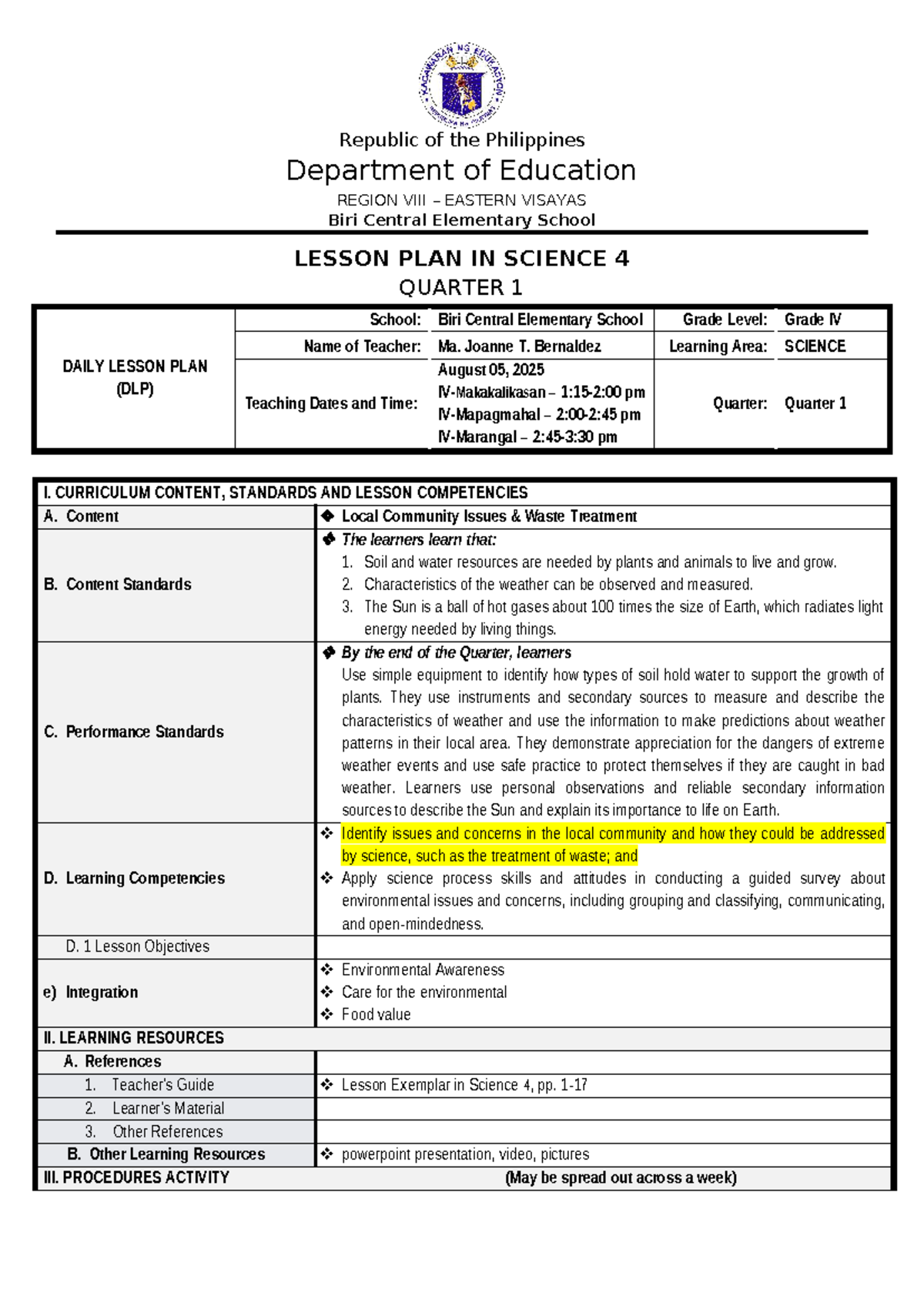 Lesson Plan in Science 4: Environmental Awareness (Quarter 1) - Studocu