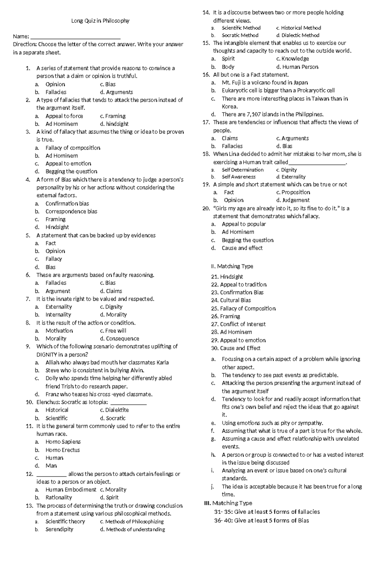 Long Quiz 1 Set B in Philosophy (PHILO) - Fallacies and Biases - Studocu