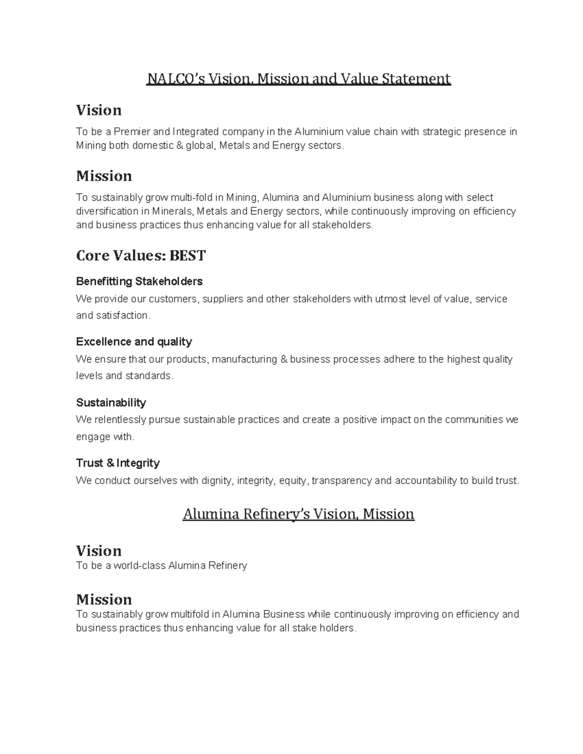 SA8000 EHS Policy Document for NALCO: Vision, Mission & Values - Studocu