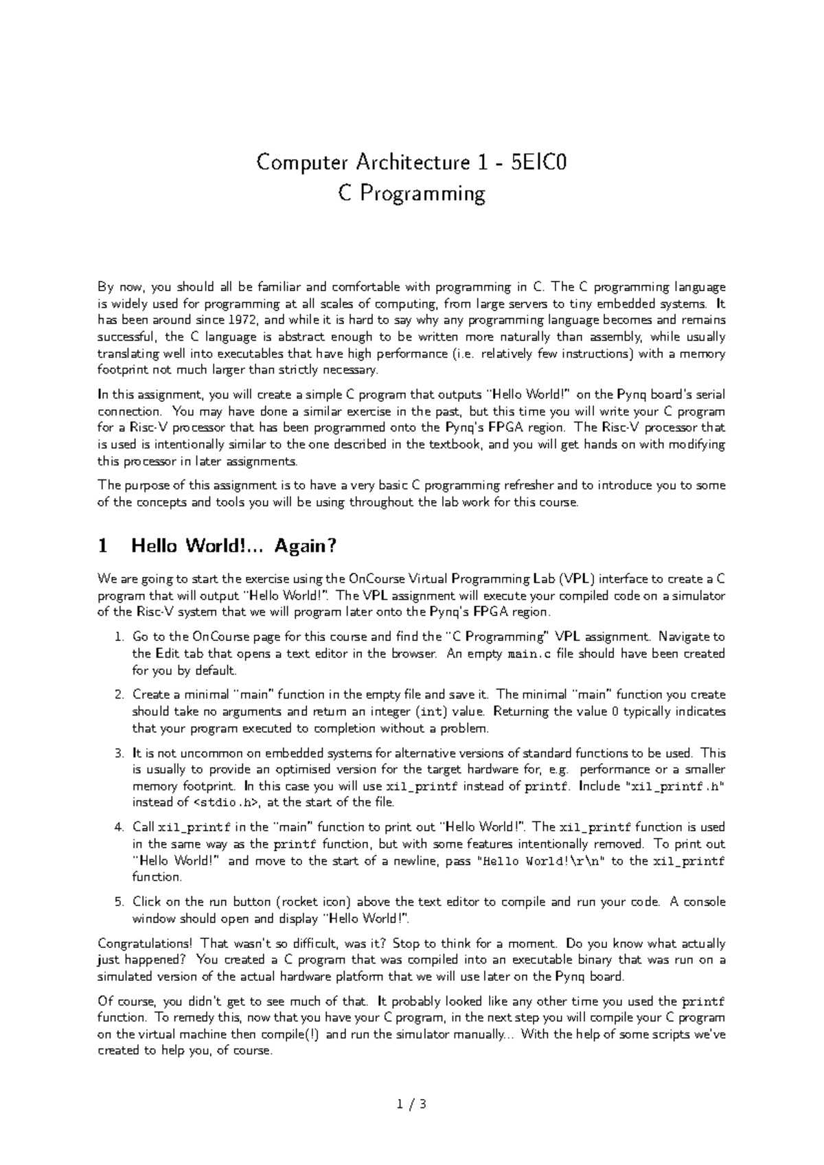 C Programming 5EIC0: Assignment on Hello World! and Simulation ...