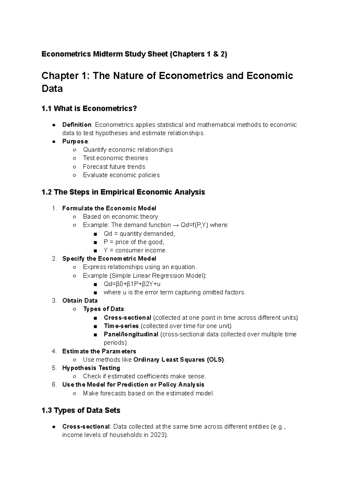 Econometrics Midterm Study Sheet (Chapters 1 & 2)-2 - Purpose: Quantify ...