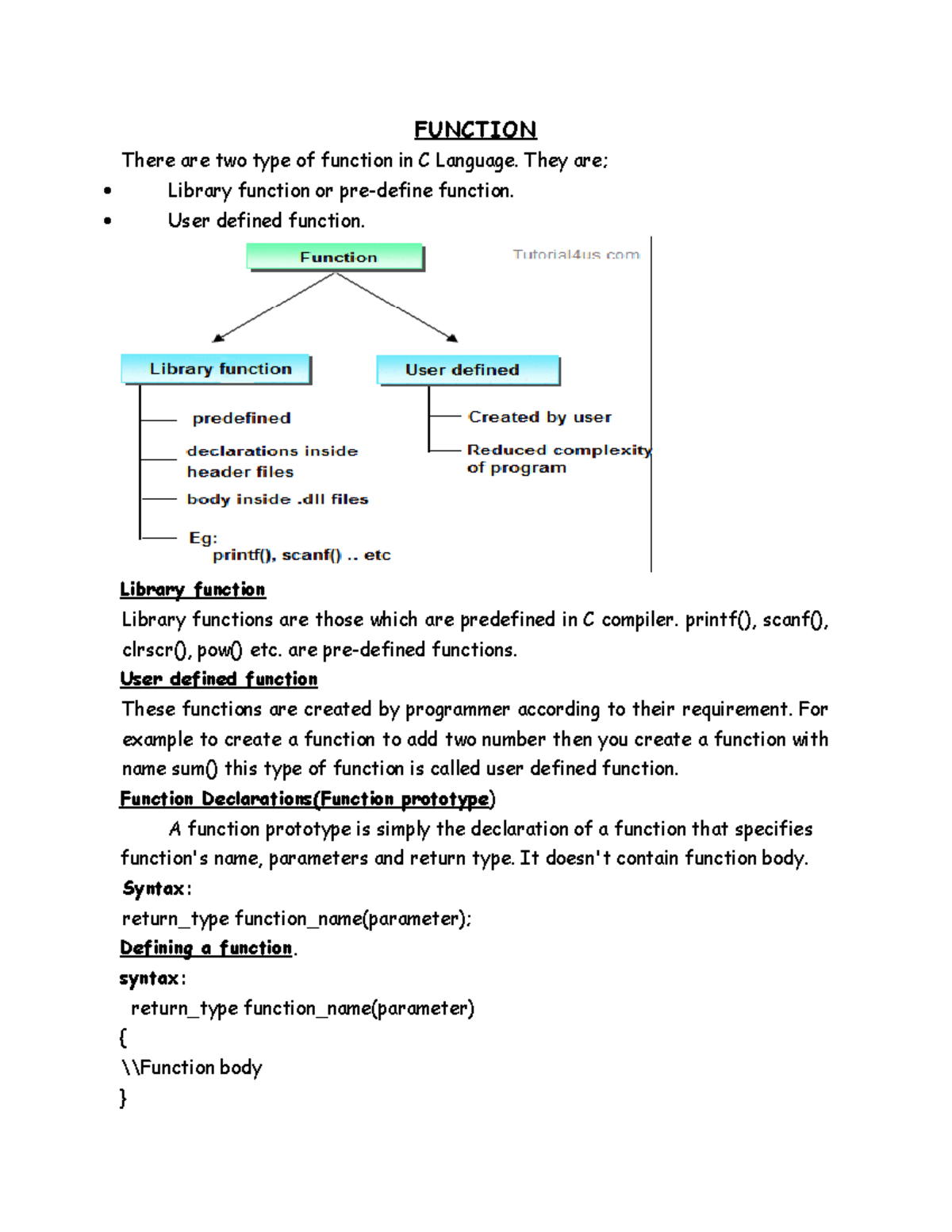 C programming functions and definition - FUNCTION There are two type of ...