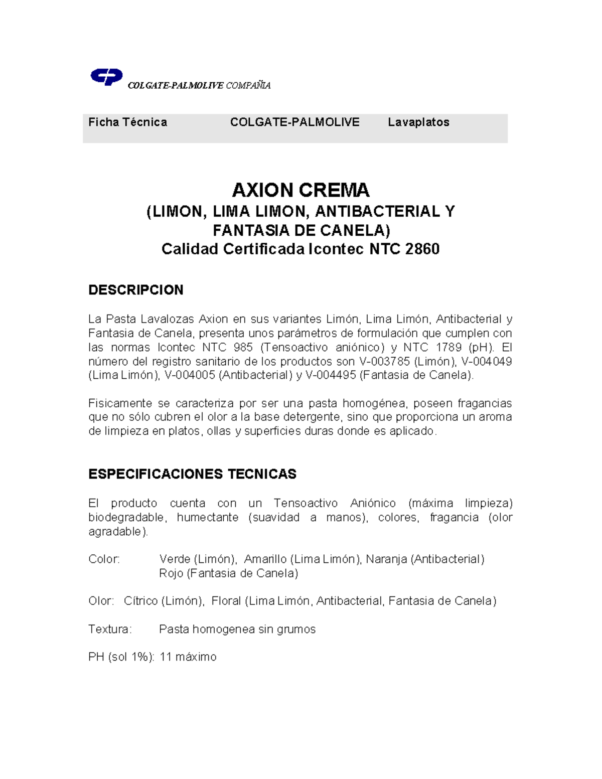 Ficha Técnica: Lavaplatos Axion - Colgate-Palmolive, Variantes y Usos ...