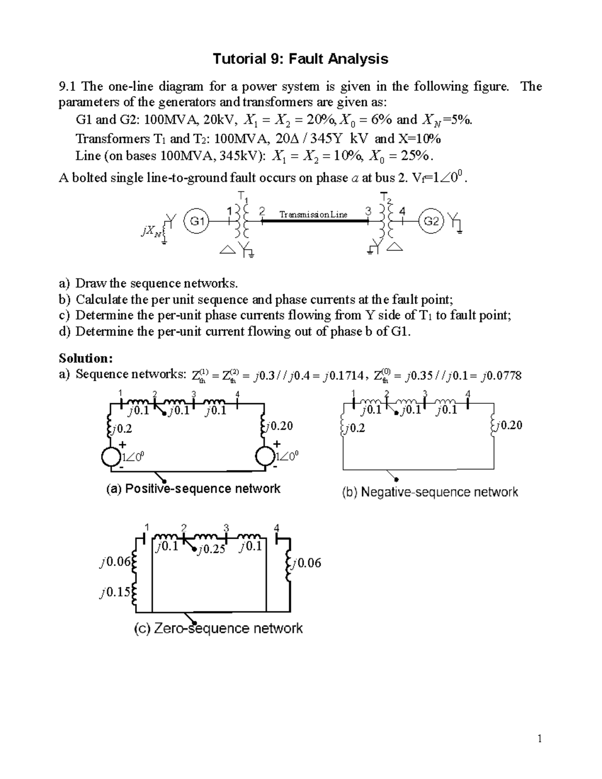 Tutorial 9: Fault Analysis Solutions for Power Systems - Studocu