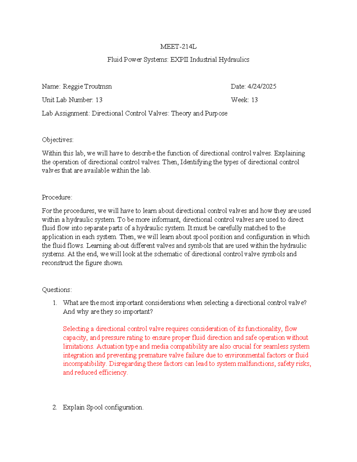 Week 13 Lab: Directional Control Valves in Hydraulics (EXPII) - Studocu
