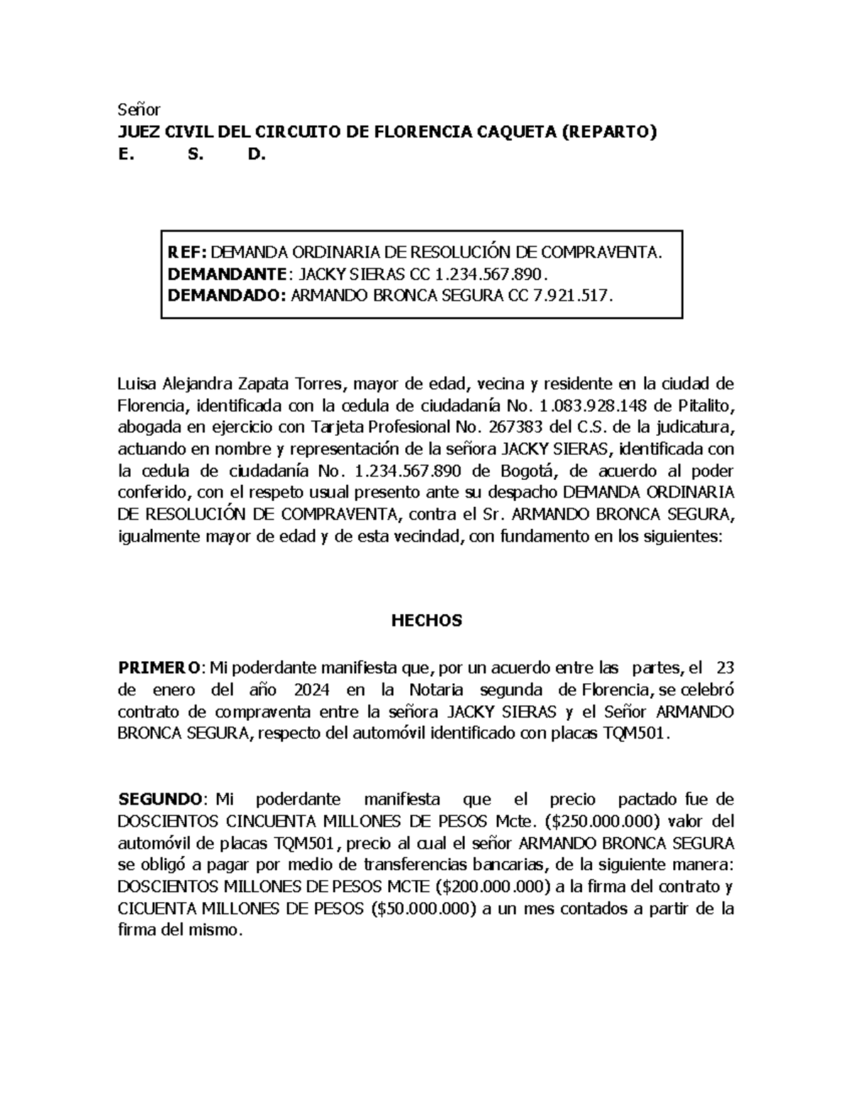 Demanda Ordinaria de Incumplimiento de Contrato de Compraventa - Document Preview