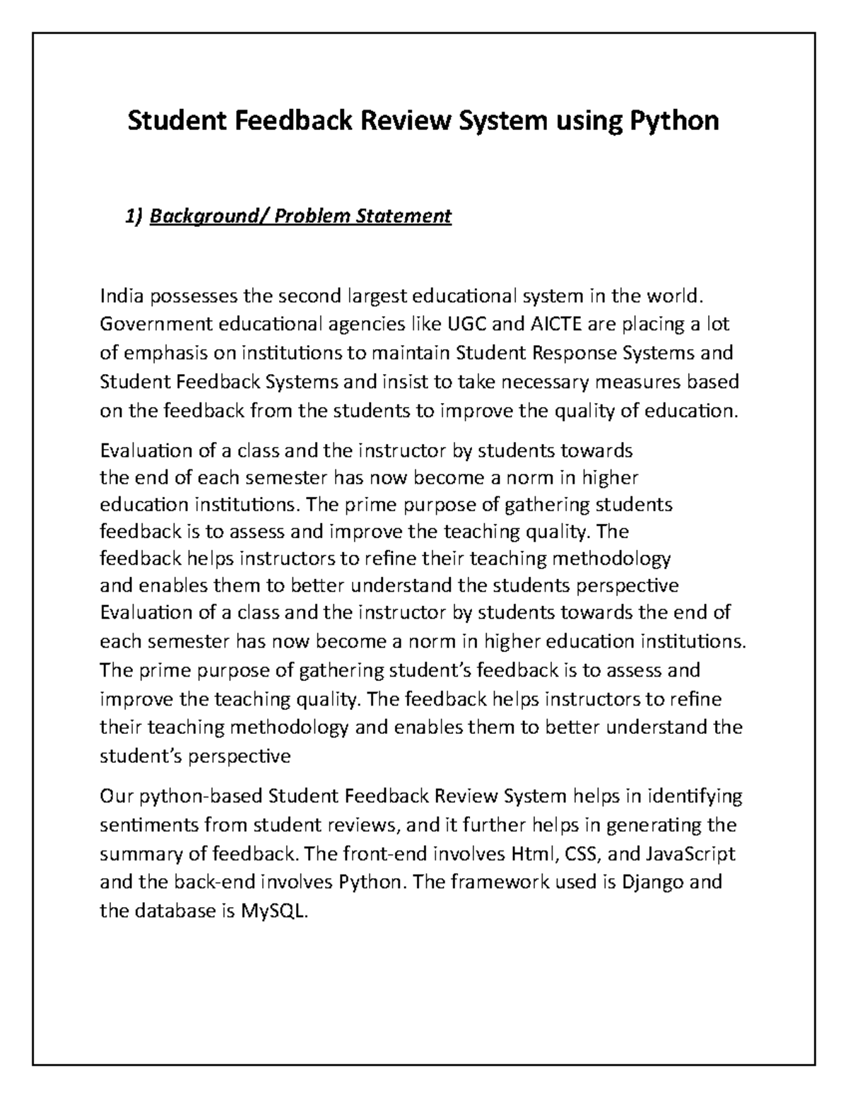 Student Feedback Review System - Project Overview (CS101) - Studocu