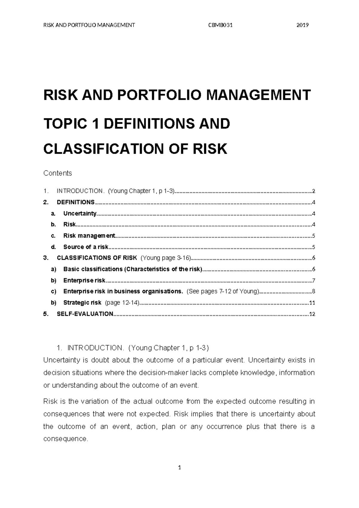 Risk Management: Definitions and Classifications (Young, Chapter 1 ...