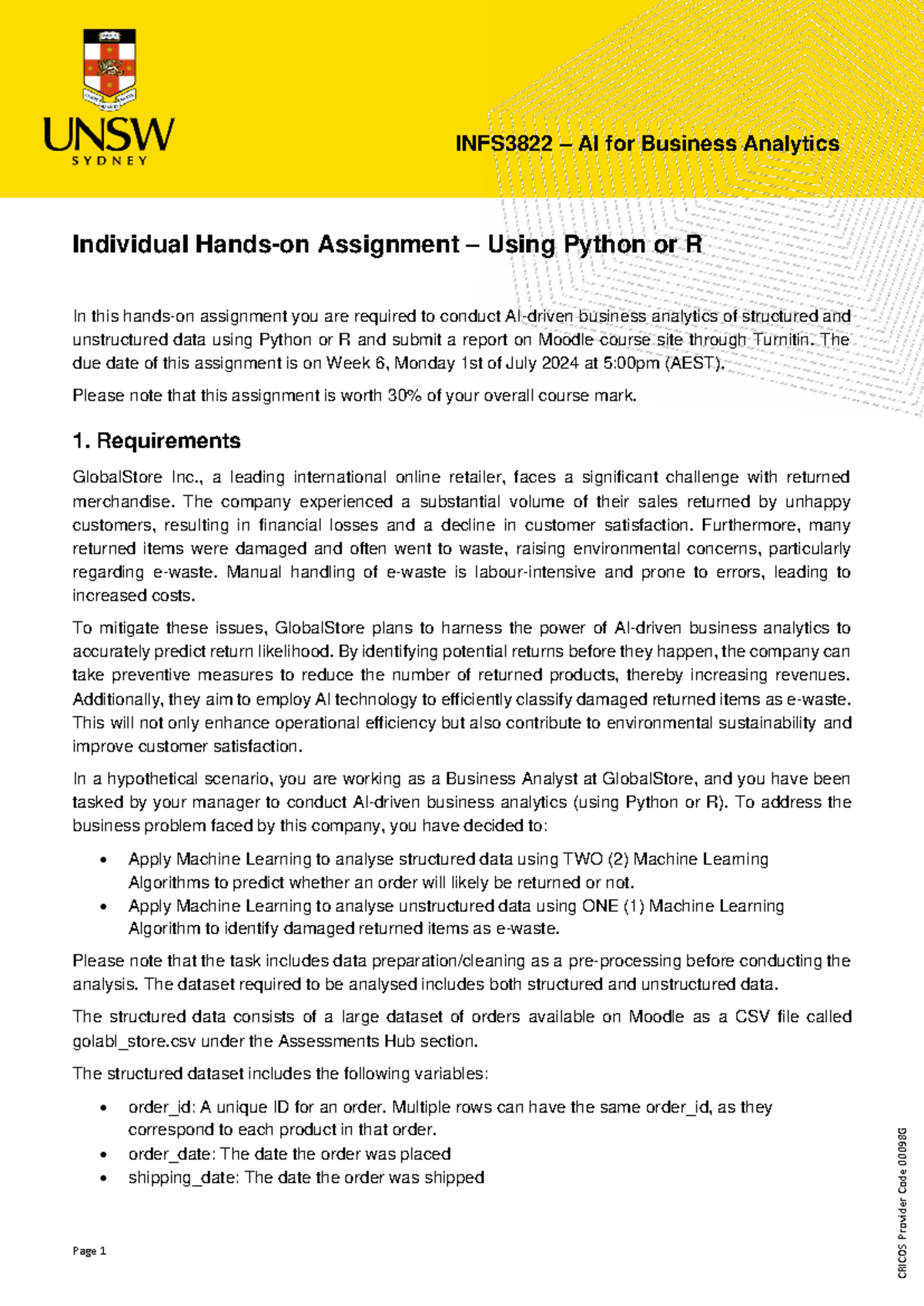 INFS3822 Individual Assignment 1: AI for Business Analytics Using ...