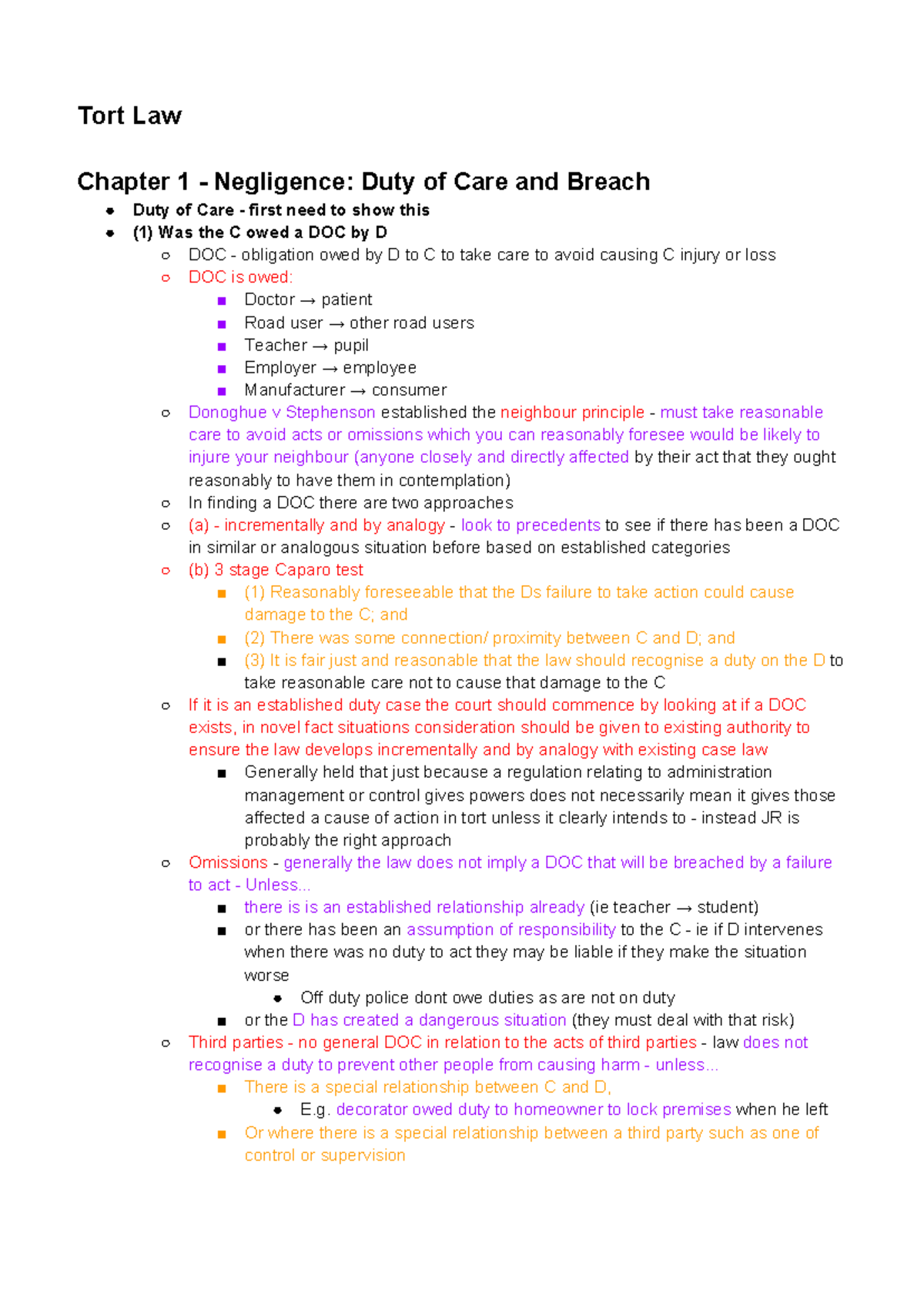 Tort Law - SQE: Chapter 1 Negligence and Duty of Care Overview - Studocu