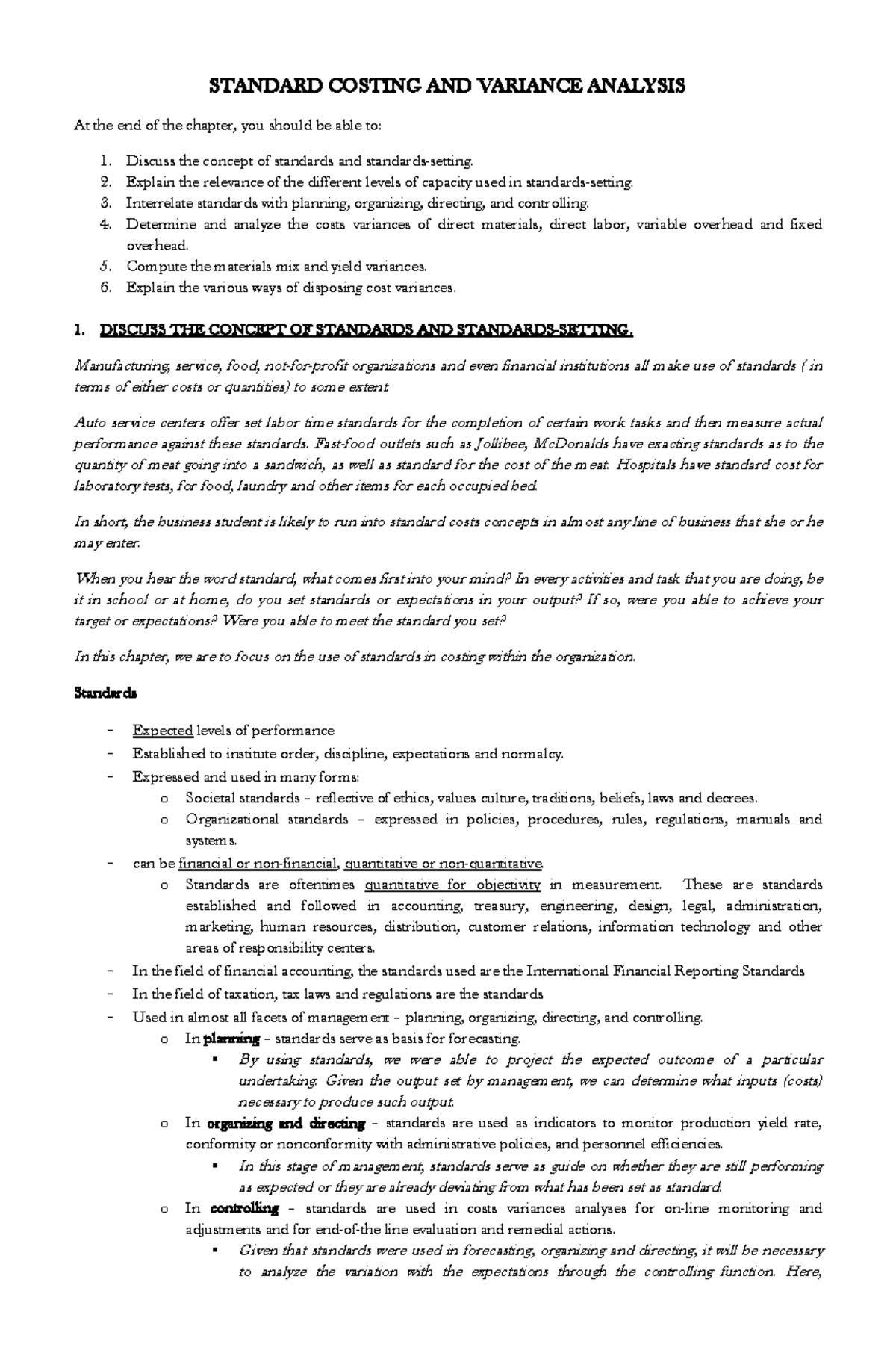 Standard Costing AND Variance Analysis Repaired converted - STANDARD ...