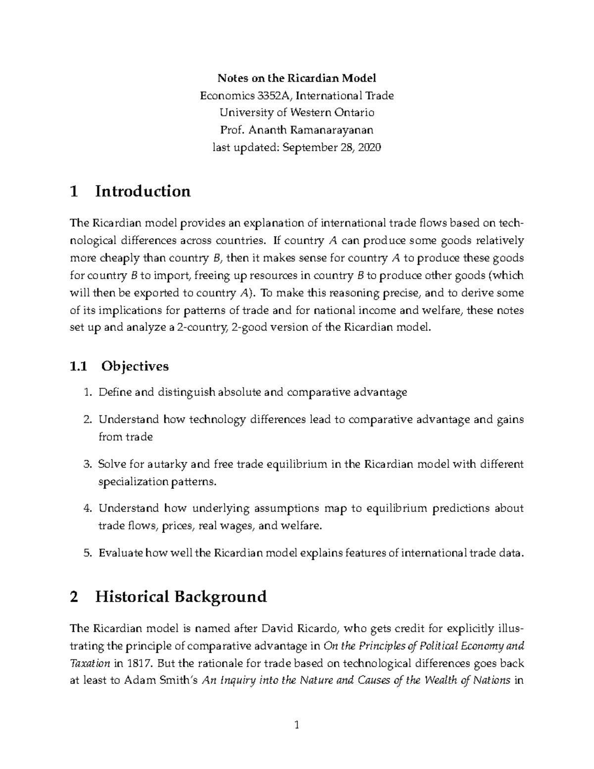 Economics 3352A: Notes on the Ricardian Model in International Trade ...