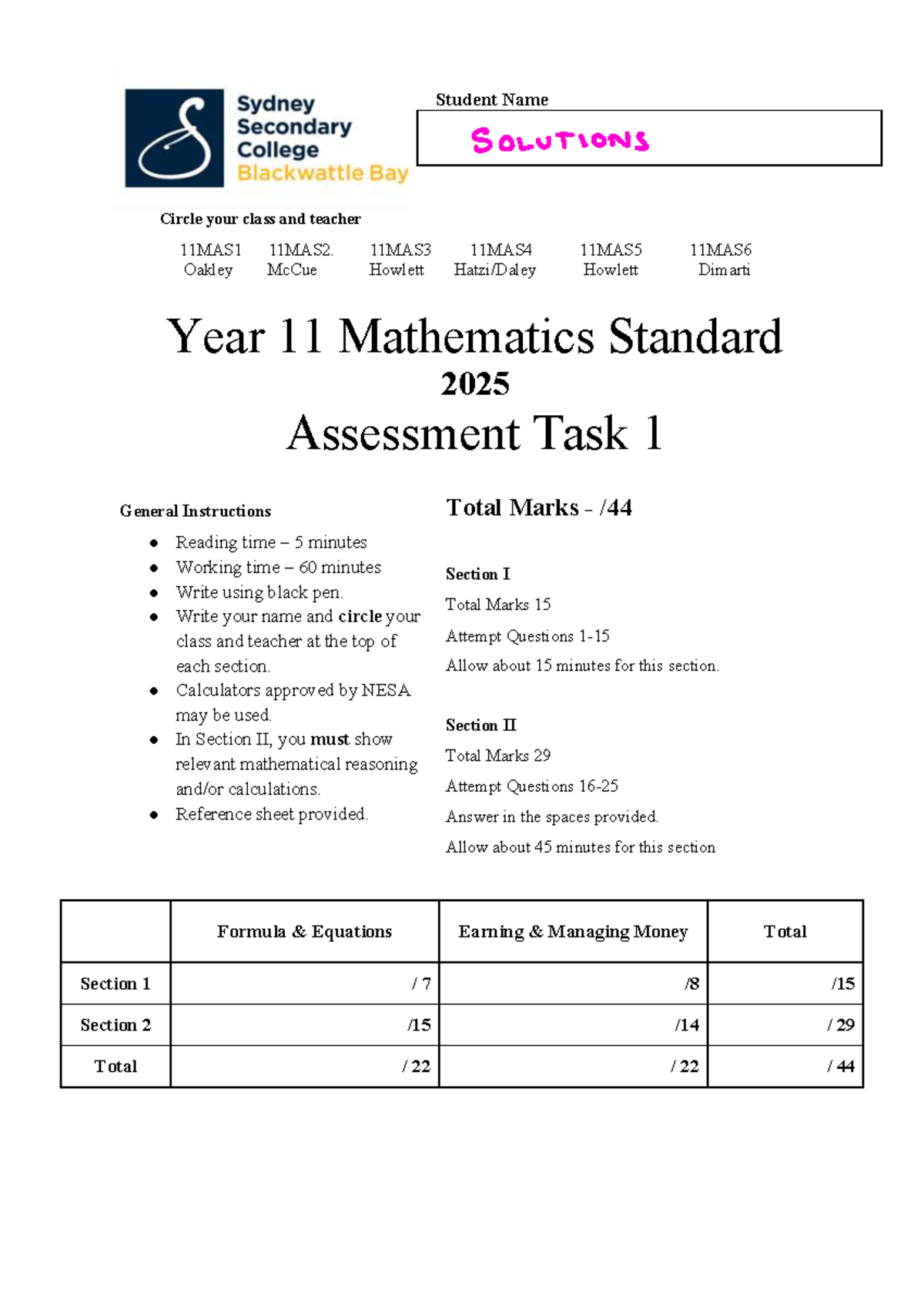 Year 11 Mathematics Standard 11MAS1 Assessment Task 1 Solutions - Studocu