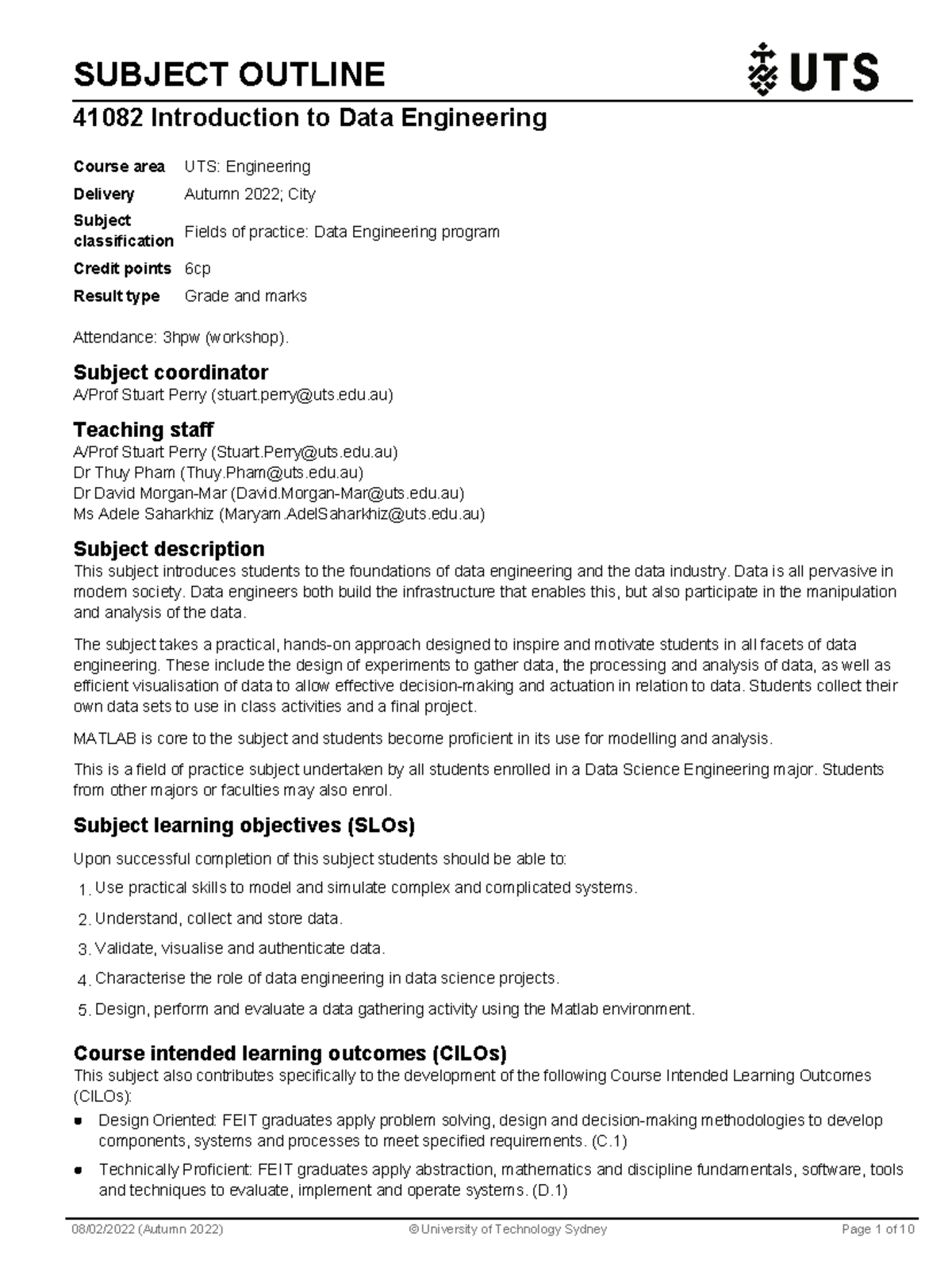 UTS 41082 Introduction to Data Engineering - Course Overview and ...