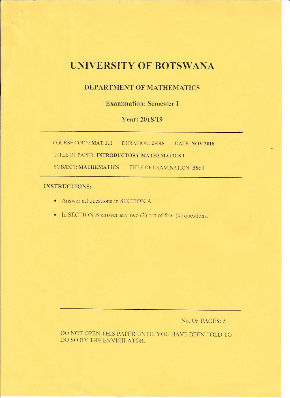 MAT 111 Semester I Exam: Introductory Mathematics Paper - Studocu