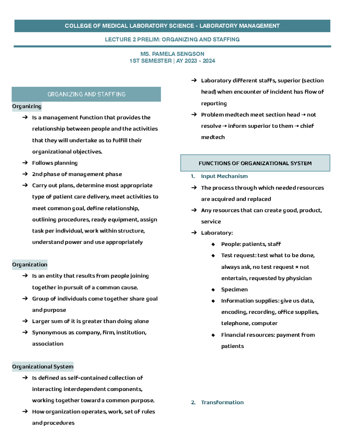 Laboratory Management (1ST SEM) Lecture 2: Organizing & Staffing - Studocu