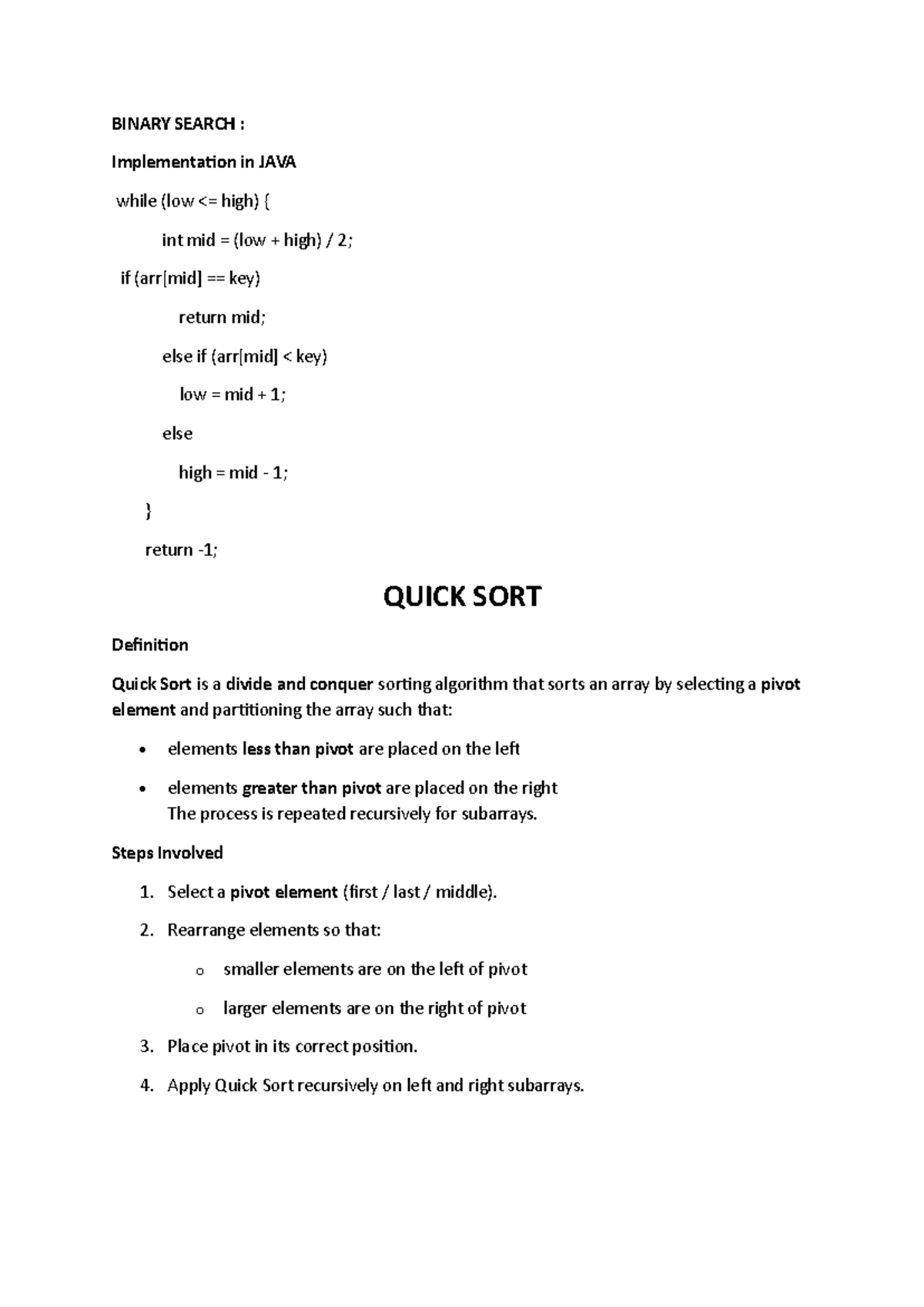 BINARY SEARCH, MERGE SORT & QUICK SORT Algorithms Overview - Studocu