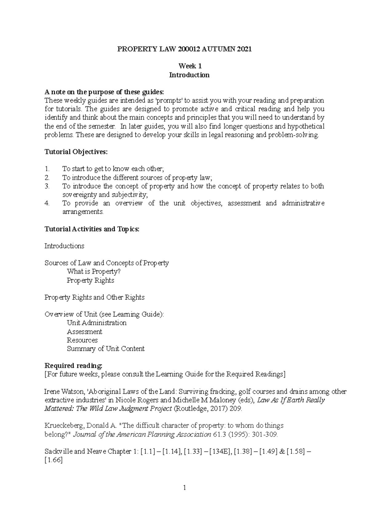 Week 1 2021 - Introduction to Property - PROPERTY LAW 200012 AUTUMN ...