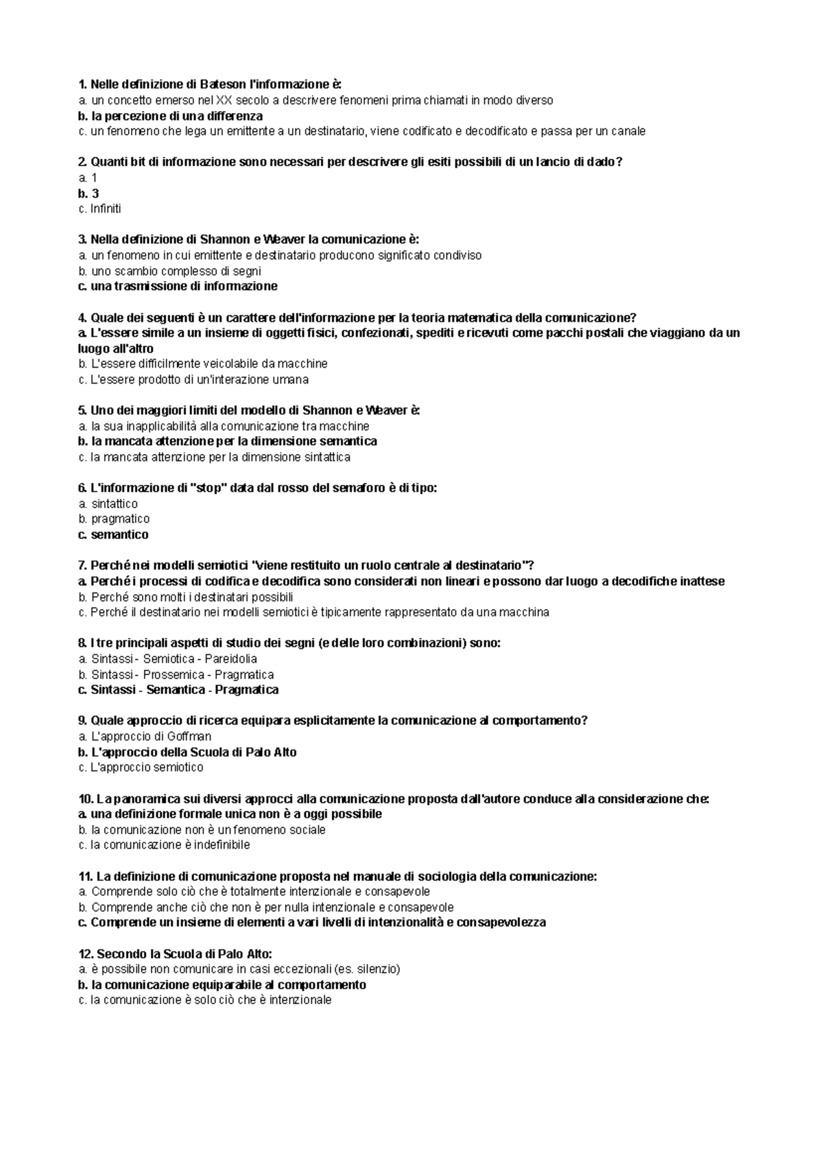 Esercizi di Sociologia: Domande e Risposte sulla Comunicazione - Studocu