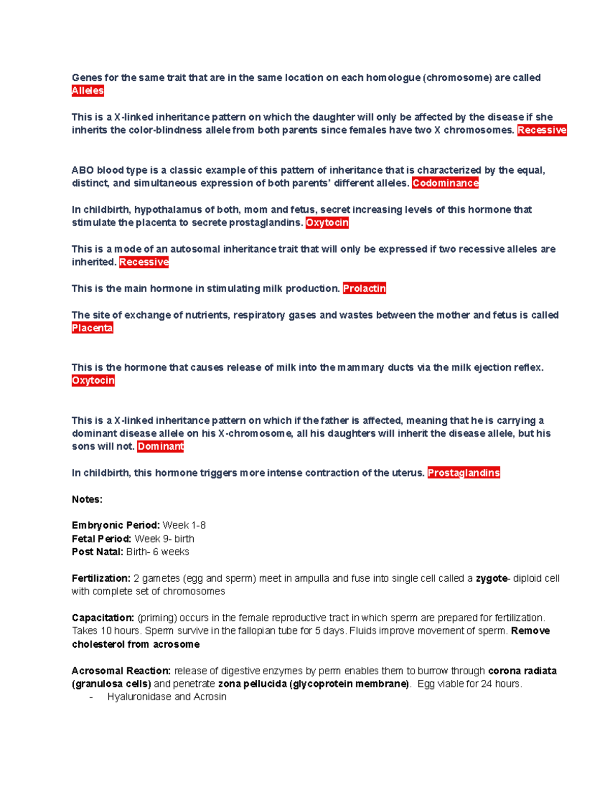 Study Guide: Development (BIO 101) - Inheritance Patterns and Fetal ...