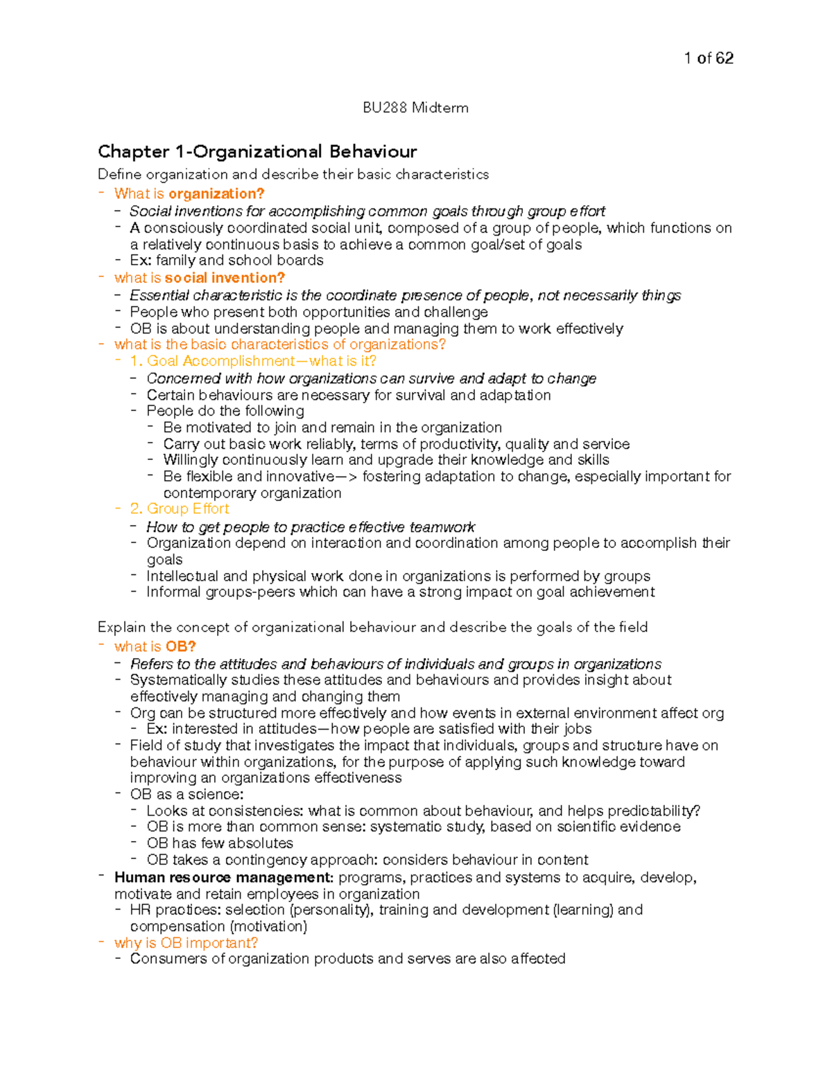 BU288 Midterm 1 - Comprehensive Preparation Notes on Organizational ...