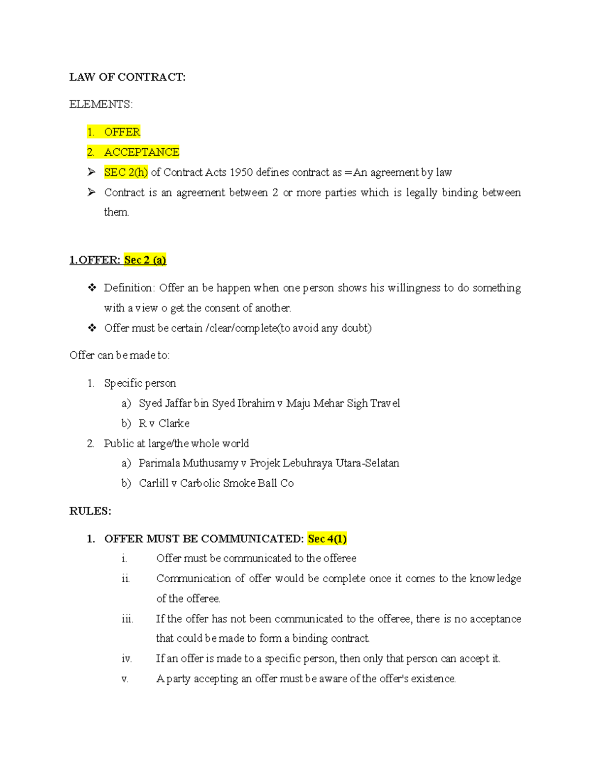 LAW OF CONTRACT: OFFER & ACCEPTANCE NOTES (LAW 101) - Studocu
