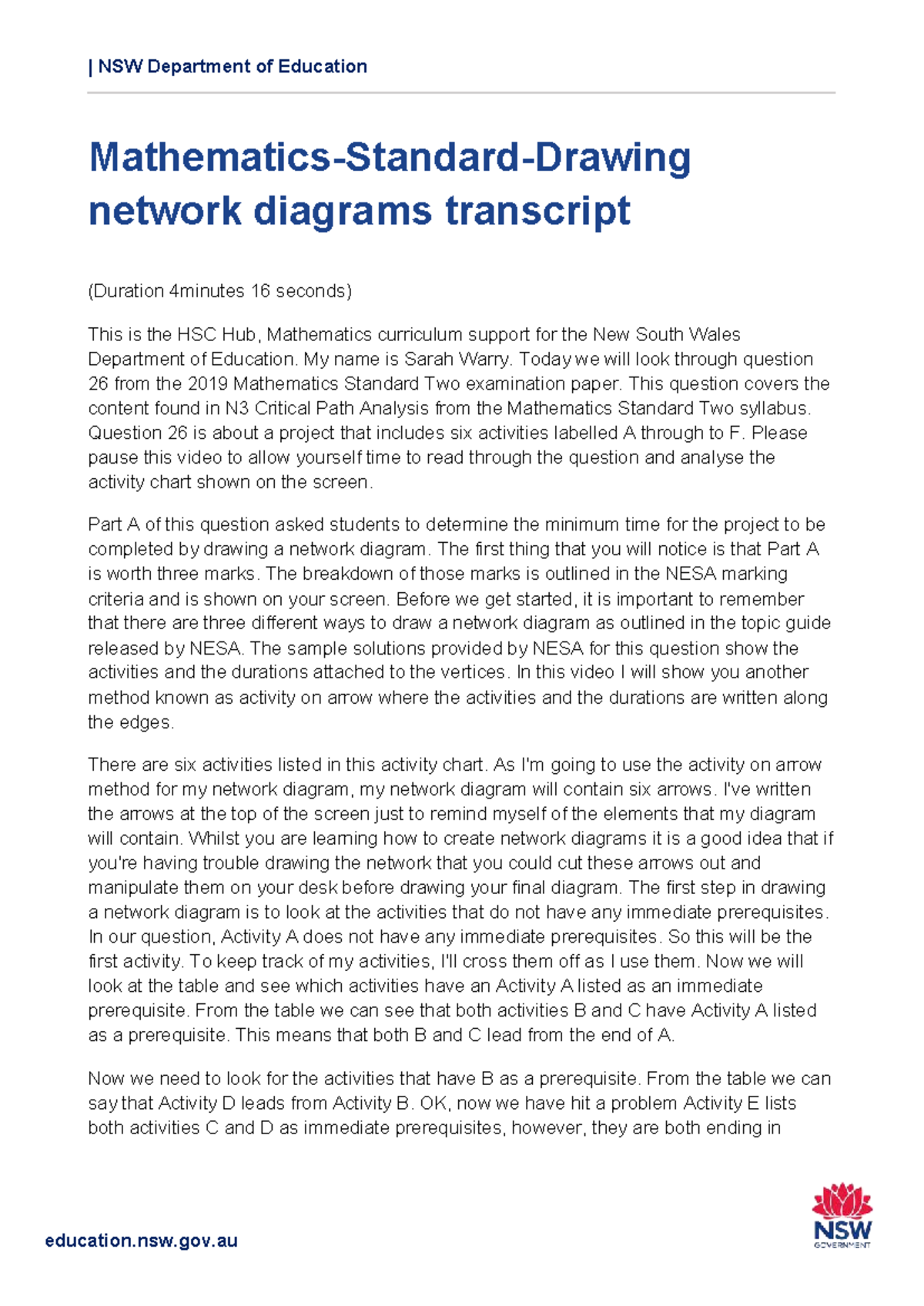 Mathematics Standard 2: Drawing Network Diagrams Transcript - Studocu