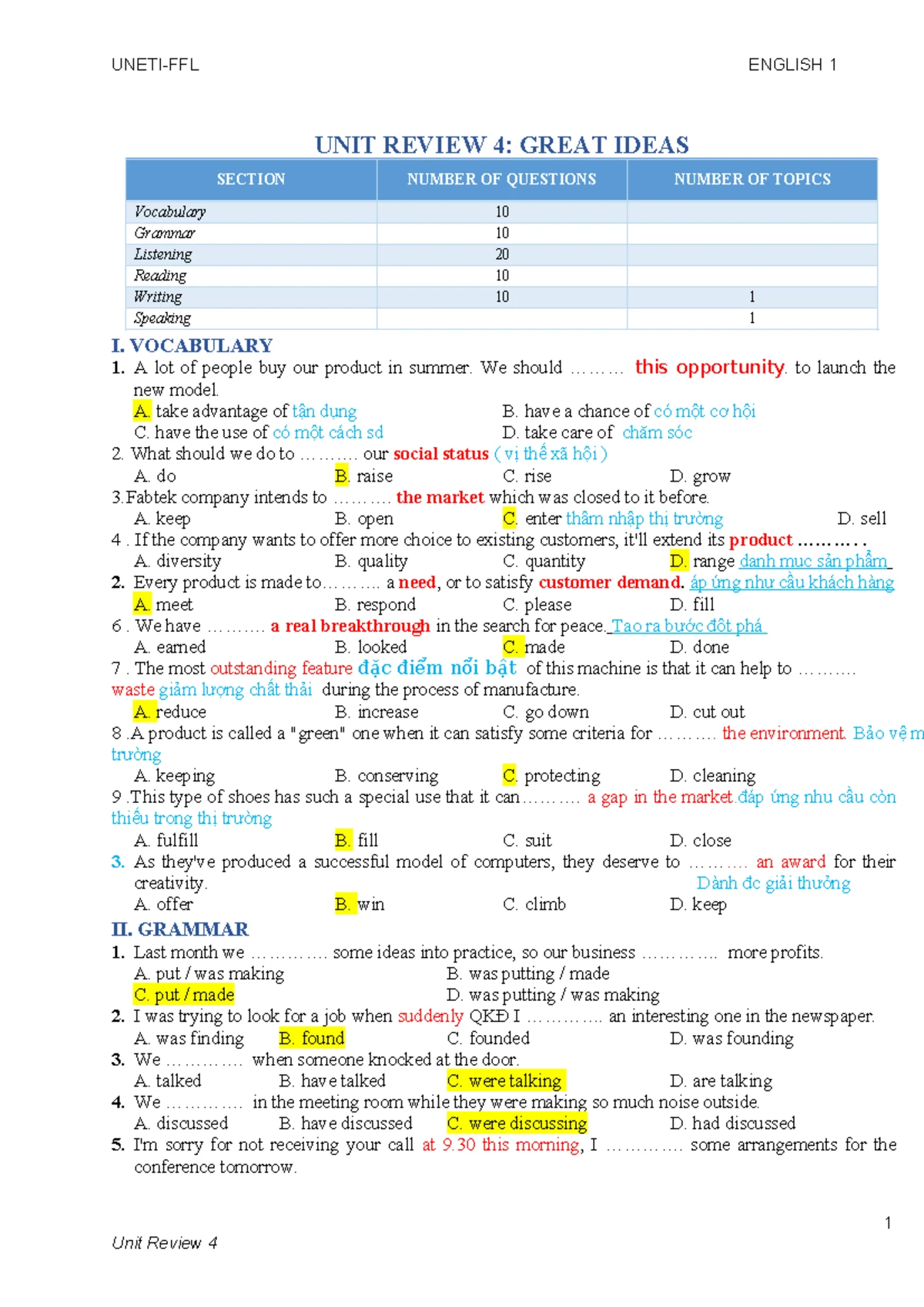 ENGLISH 1 UNIT REVIEW 2: COMPANIES SECTION Vocabulary & Grammar - Studocu
