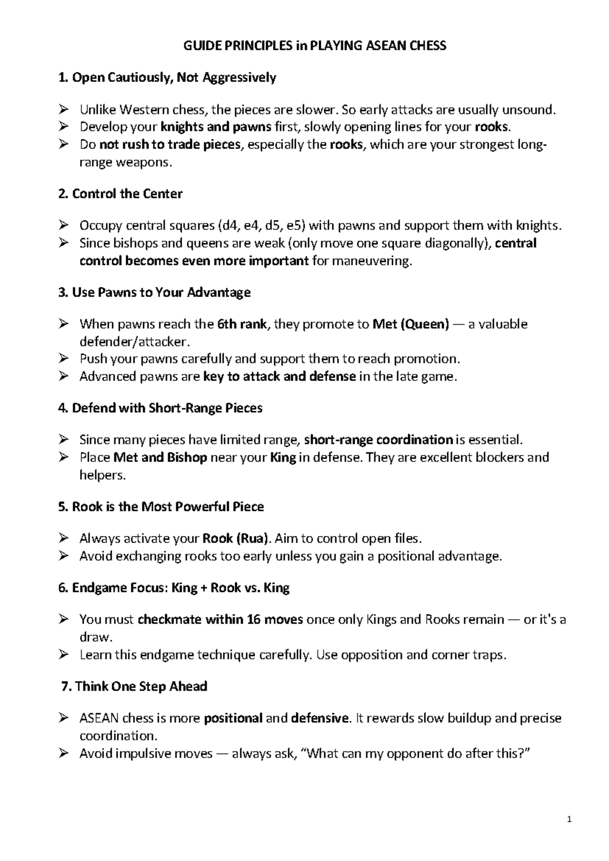 Guide Principles for Playing ASEAN Chess: Strategies & Tips - Studocu