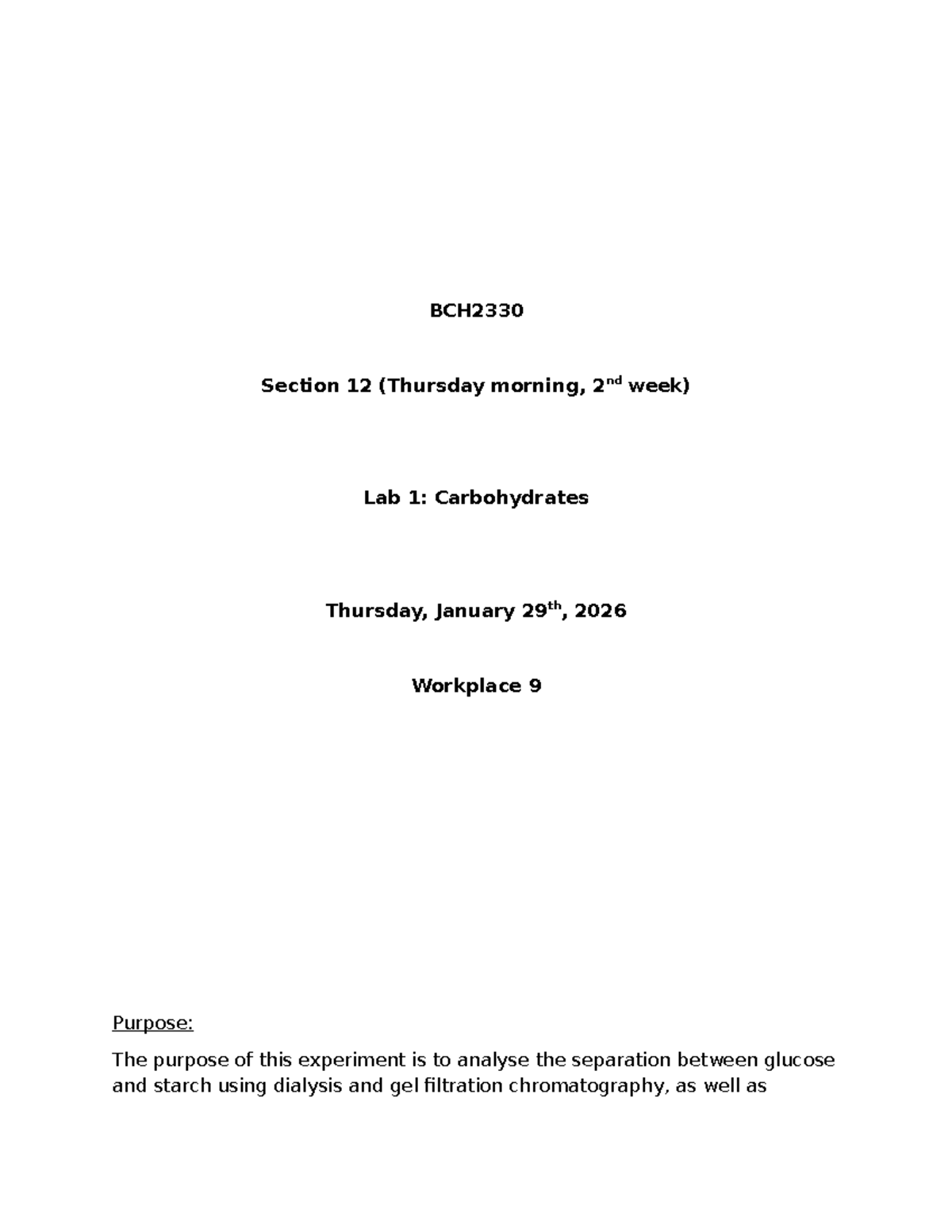 BCH2330 Lab 1 Report: Analyzing Carbohydrates via Dialysis ...