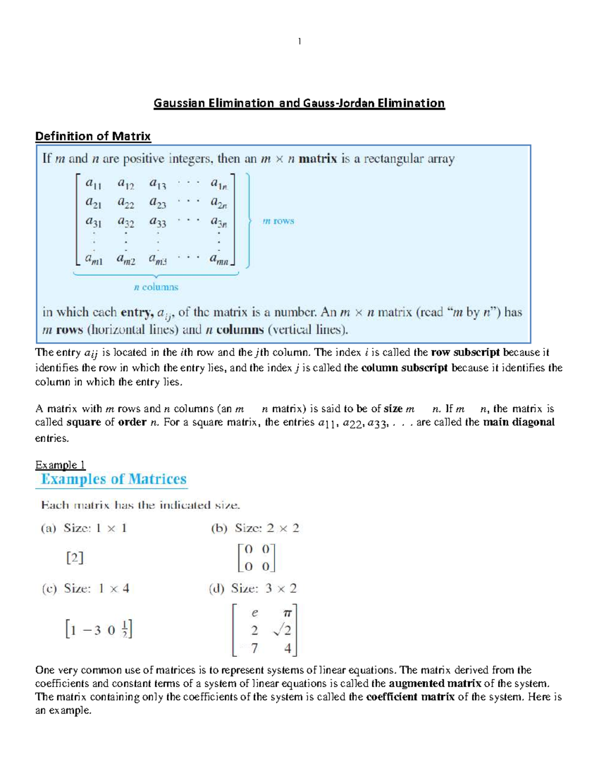 Gaussian Elimination: Matrix Definitions & Operations (MATH 101) - Studocu