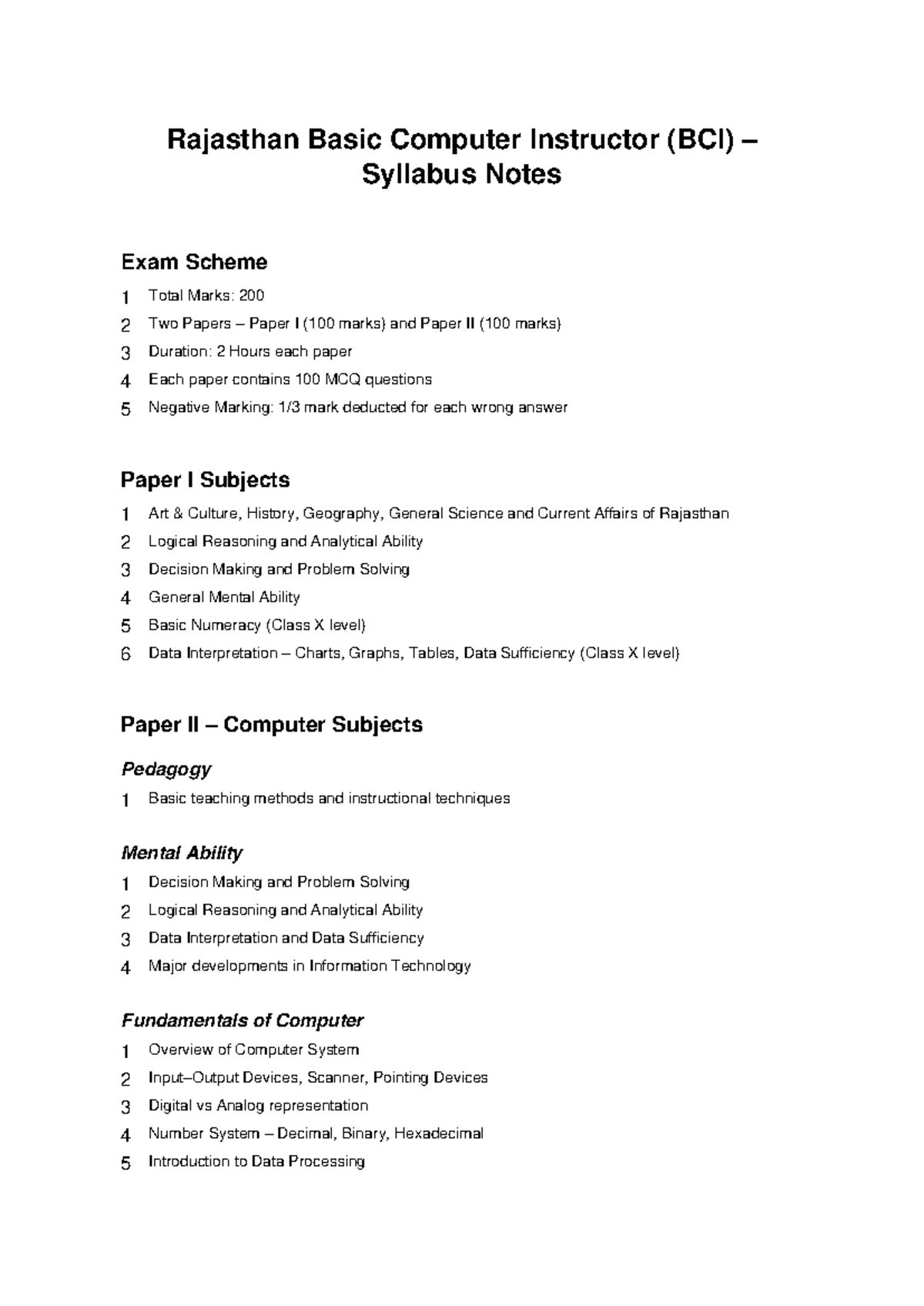 Rajasthan BCI Syllabus Notes: Exam Scheme & Paper Details - Studocu