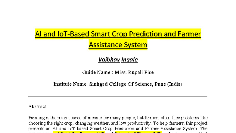AI & IoT in Smart Crop Prediction: A Farmer Assistance System - Studocu