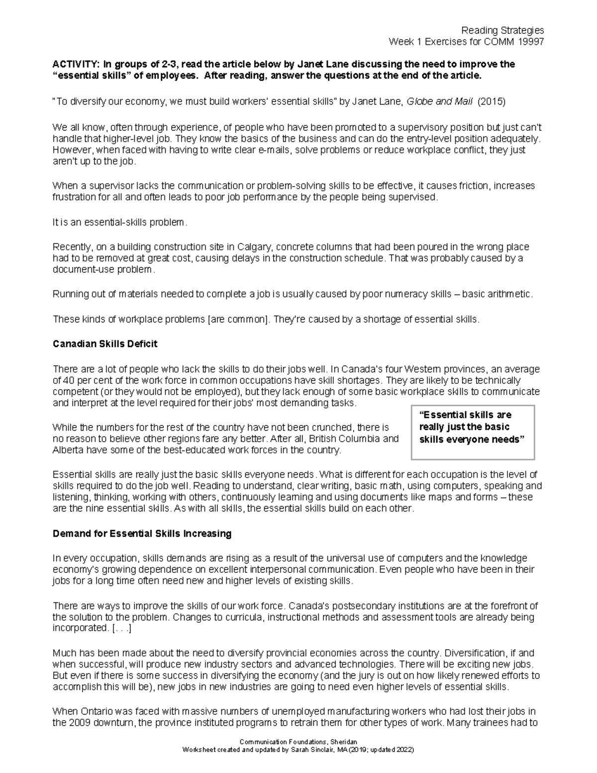 C97-W2-Worksheet -F2022 - Reading Strategies Week 1 Exercises for COMM ...